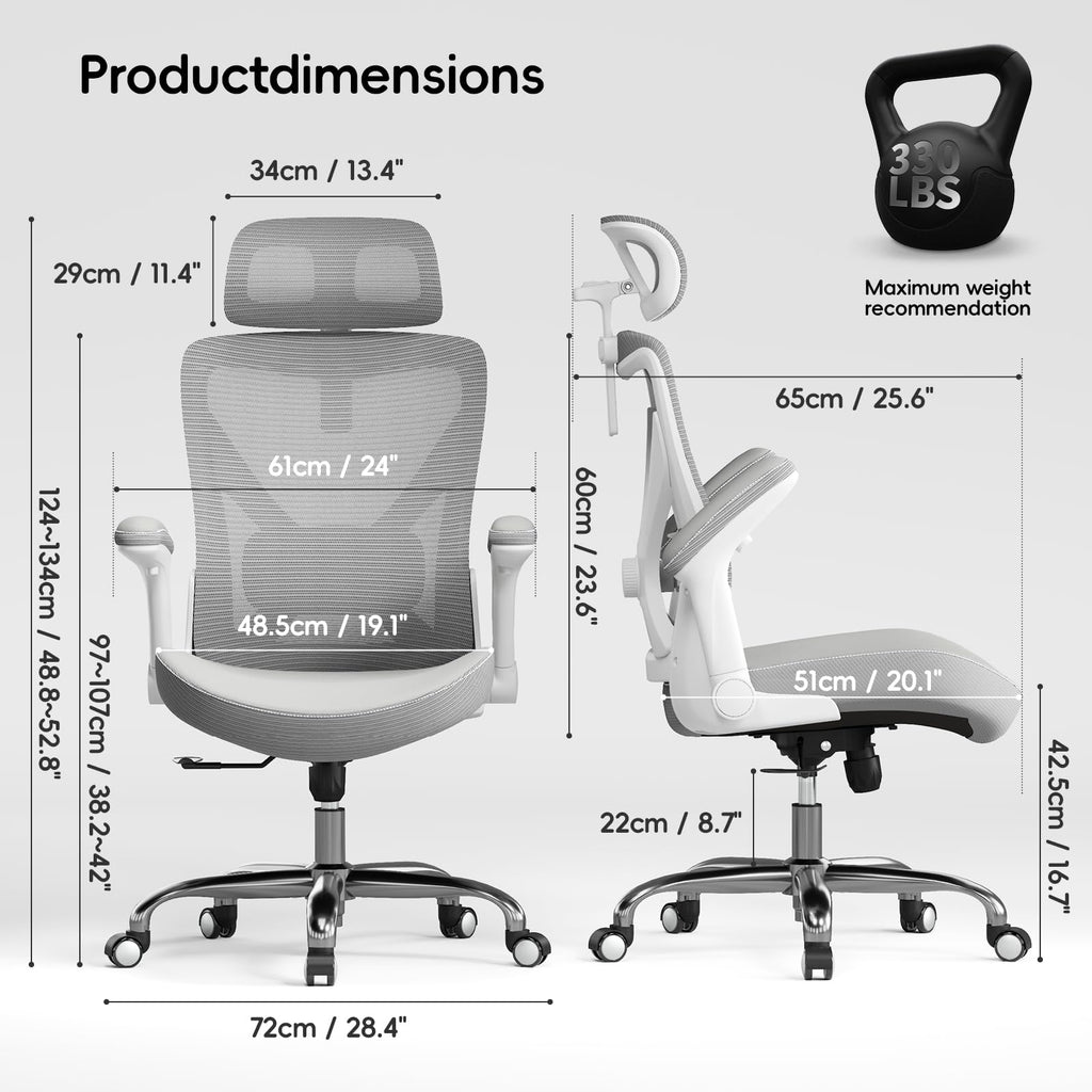Ergonomic Desk Chair-Computer X-Shaped Chair Mesh PU Leather with Adjustable Lumbar Support-Executive Chair High Back with Headrest Flip-Up Arms for Long Hours