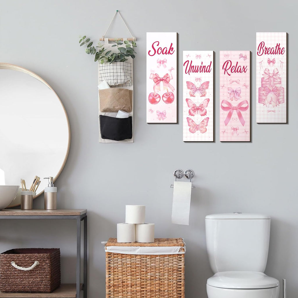 Coquette Pink Bow Bathroom Wall Decor Pink Pictures Wall Art 4 Pcs 11.8 x 3.9 Inch