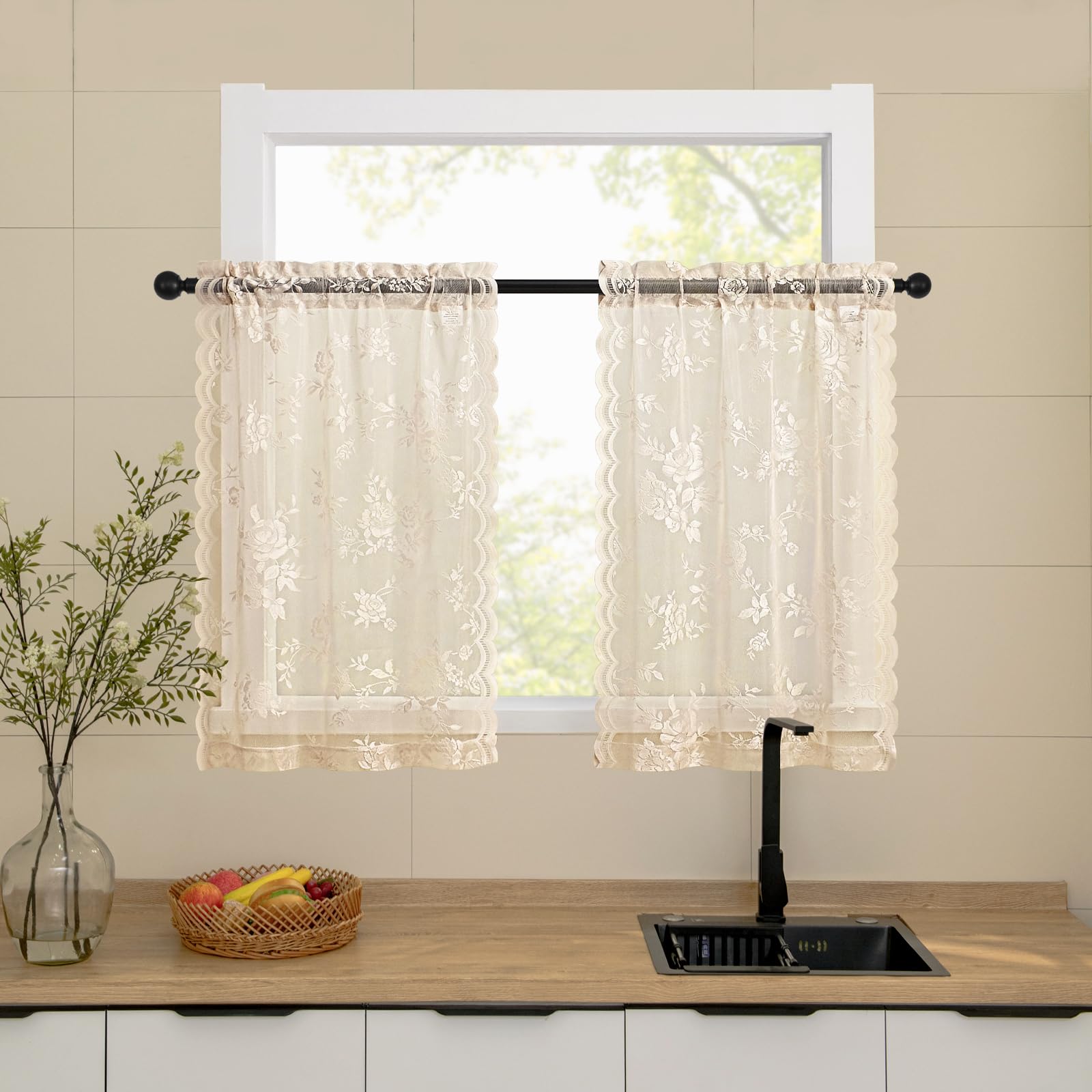 Lace Curtains 2 Panels Set Victorian Floral Sheer Curtains for Living Room Bedroom Girls Room Rod Pocket Light Filtering Romantic French Drapes Window Decor