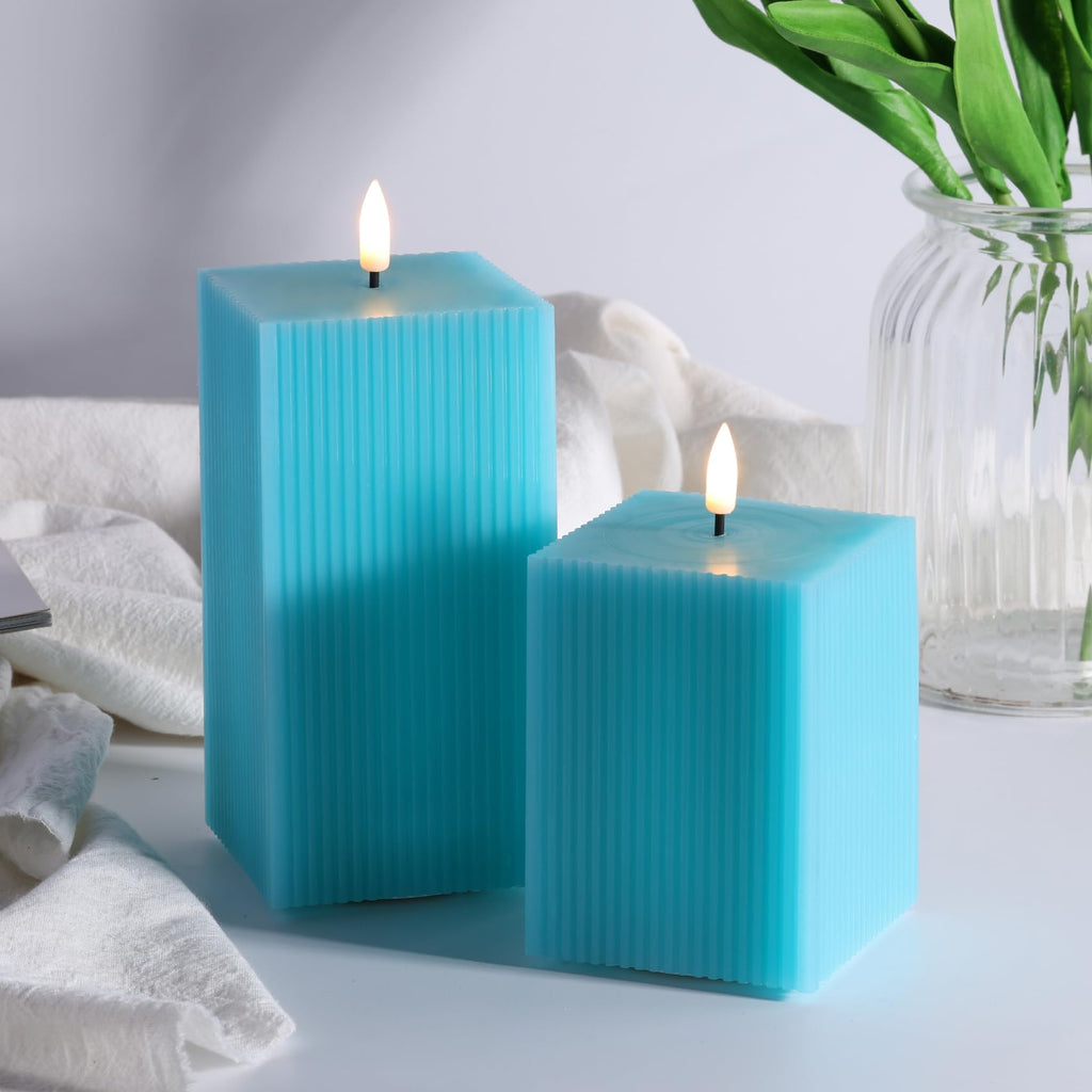 Square Ribbed Flameless Candles with Remote, Flickering Real Wax Battery LED Candles 3" H 4" 6"