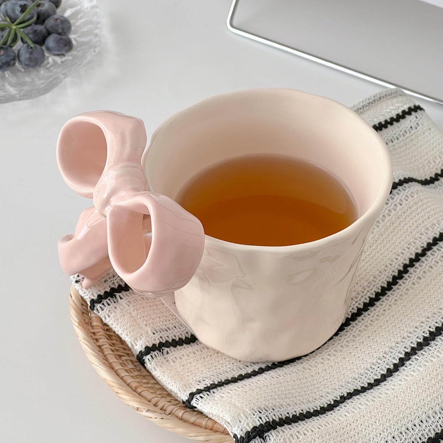 Ceramic Mug with Pink Bow Handle - Cute Girly Cup for 14oz/440ml, Handmade Kawaii Mug