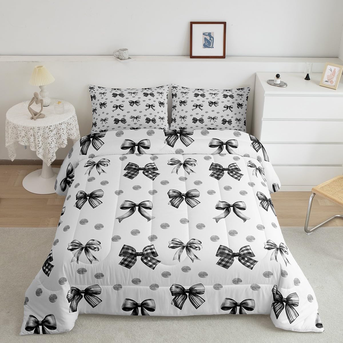 Floral Bowknot Comforter Set,Pink Bow Tie Print Bedding Set Cute Bow Flower Comforter Princess Style Bed Set for All Season
