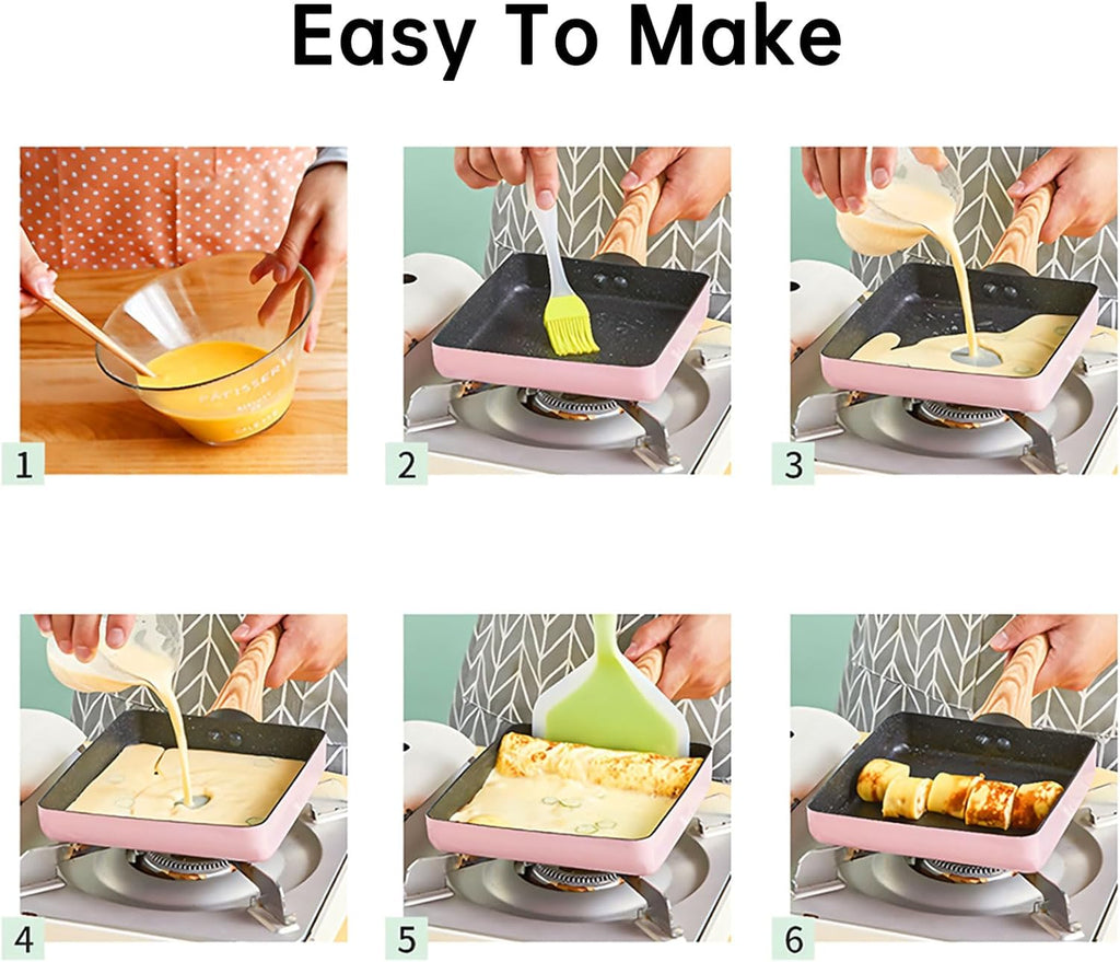 Pink Aluminum Japanese Omelet Pan, 6"x 7" Non-Stick Tamagoyaki Egg Pan, Rectangle Pan with Anti Scalding Bakelite Handle