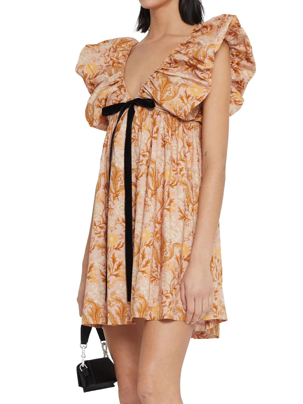 Women's Mini Dress V Neck Puff Sleeve Dress Short Babydoll Bow Dress