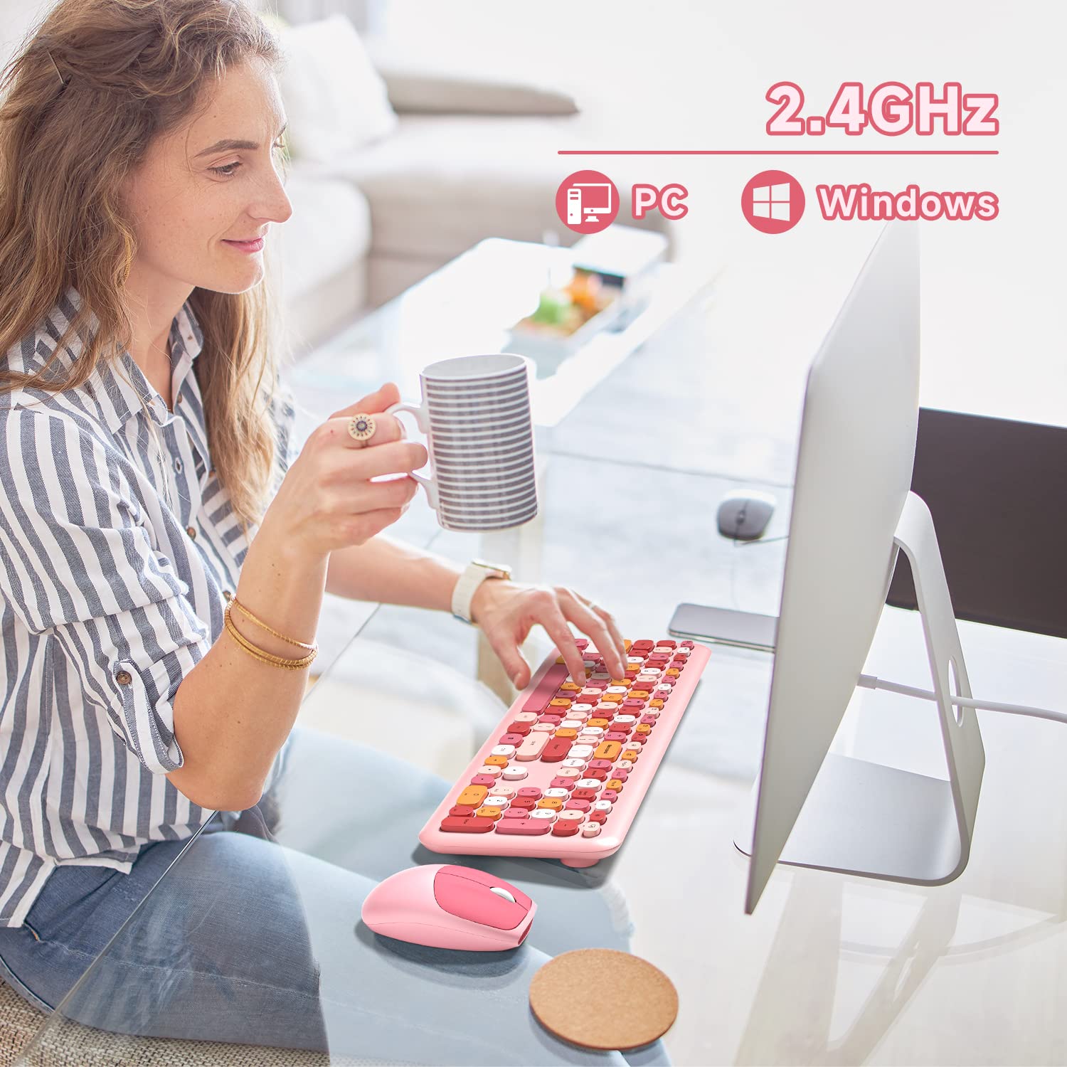 Wireless Keyboard and Mouse Combo, Full-Sized Typewriter Keyboards, Cute Cat Shaped Wireless Mouse, USB Plug and Play for Windows, Computer, PC, Laptop, Desktop