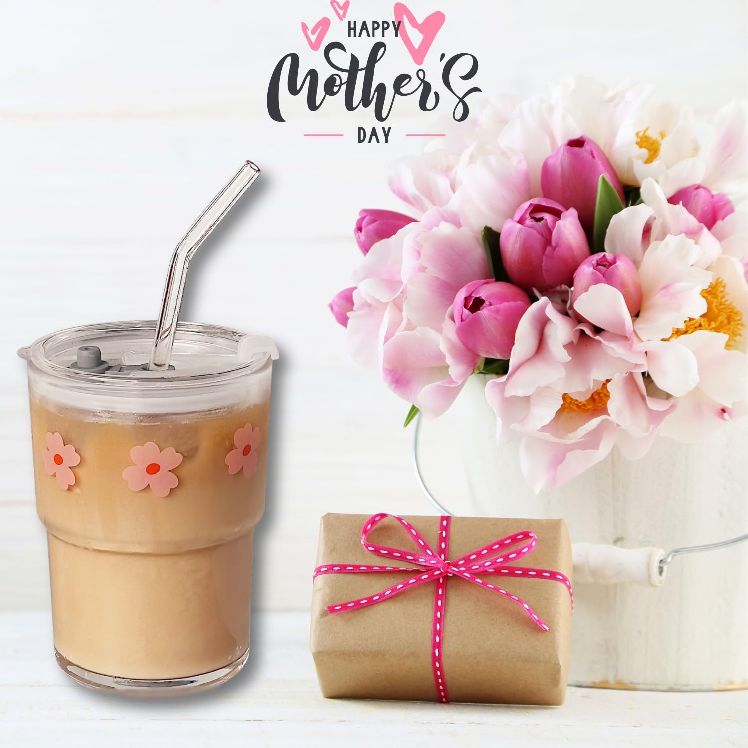 Glass Tumbler with Straw and Lid, Reusable Iced Coffee Cup Tumbler, Cute Glass Cups 13oz