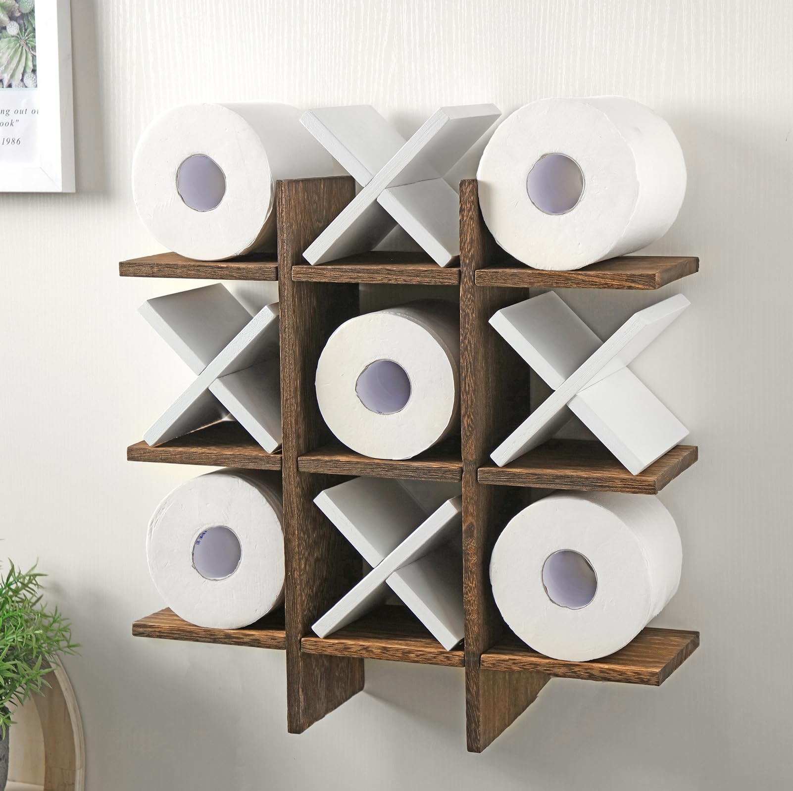 Tic Tac Toe Toilet Paper Holder Stand Bathroom Wall Decor Rustic Wooden Hanging Storage Freestanding Wall Mounted Shelves Decor