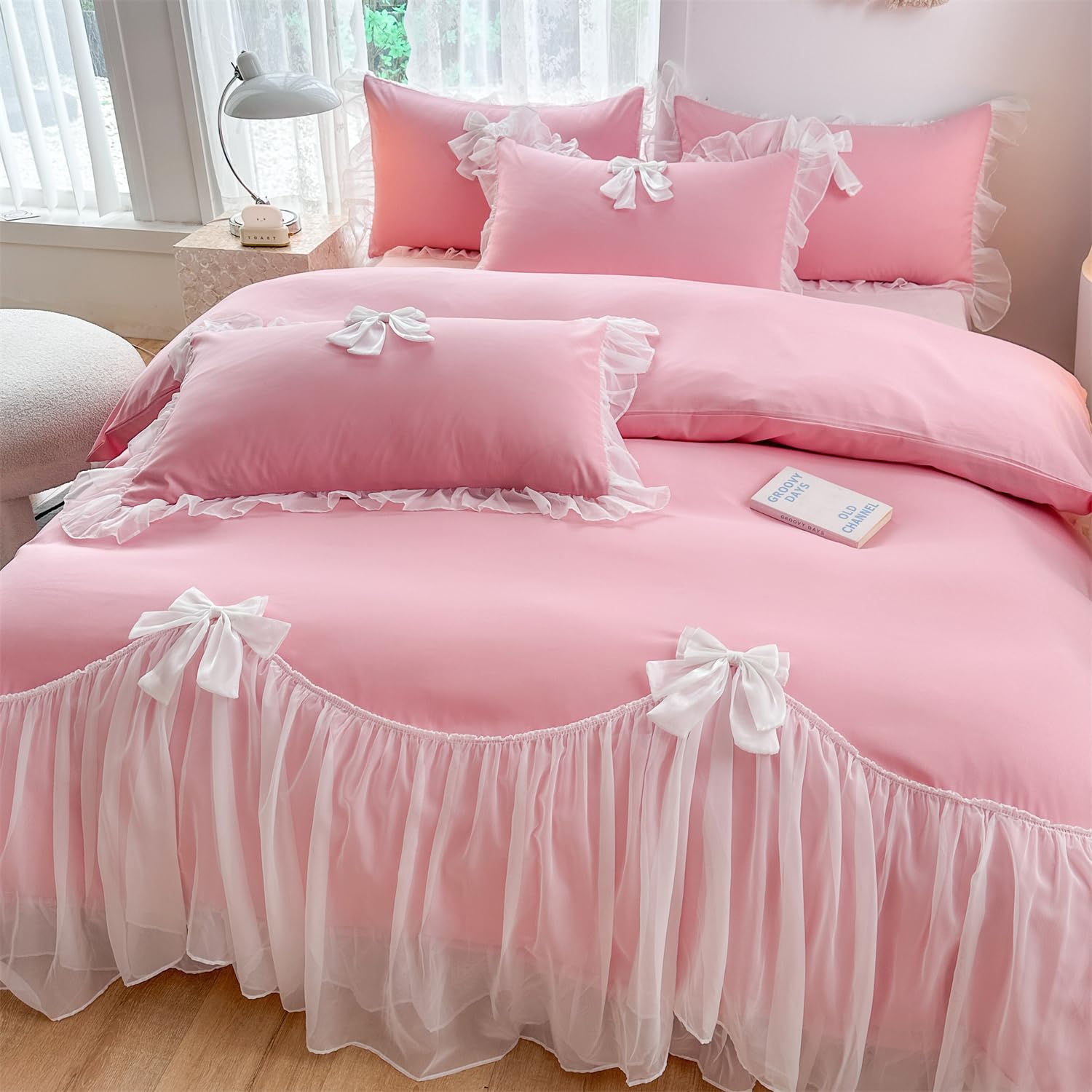 Girls Lace Bedding,Queen Comforter Cover Set, Chic Ruffled Duvet Cover with Lovely Bow,Princess Style 1 Duvet Cover with 2 Pillowcases, No Comforter-Hot Pink,Full Size