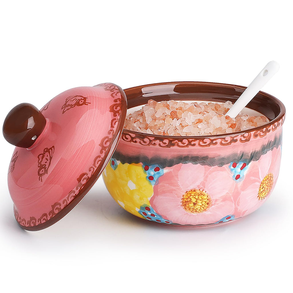 Handmade Sugar Bowl with Lid and Spoon, 10 Ounce Ceramic Hand-Painted Sugar Jar for Kitchen Oven, Dishwasher & Microwave Safe, Glazed