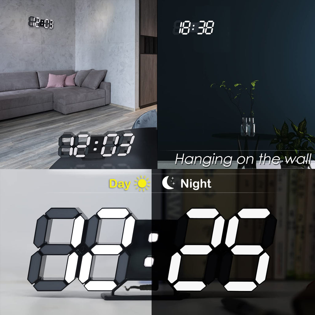 LED 3D Wall Clock 9.7" Clock with Remote/Dimming/12/24H/Temp/Alarm Clock/Date