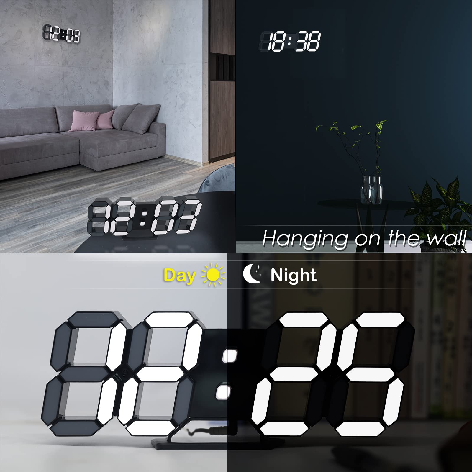 LED 3D Wall Clock 9.7" Clock with Remote/Dimming/12/24H/Temp/Alarm Clock/Date