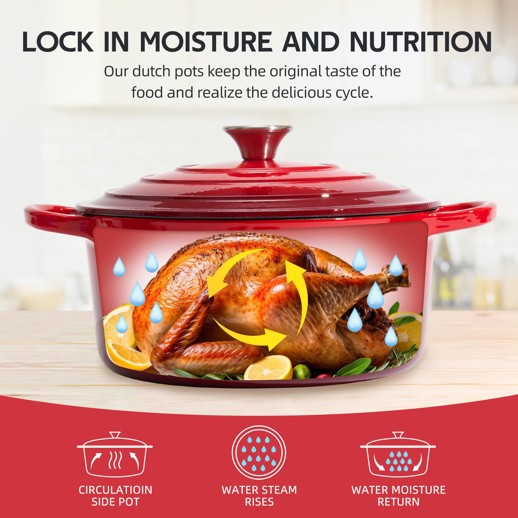 Enameled Cast Iron Dutch Oven with Lid - Big Dual Handles - Round Pot for Versatile Cooking 6 Quart