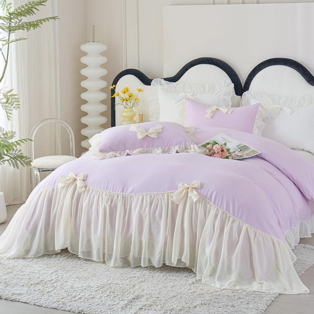 Ruffle Duvet Cover Bedding Set with Bowtie, 2 Pieces Comforter Cover Set with Zipper Closure with Pillowcase