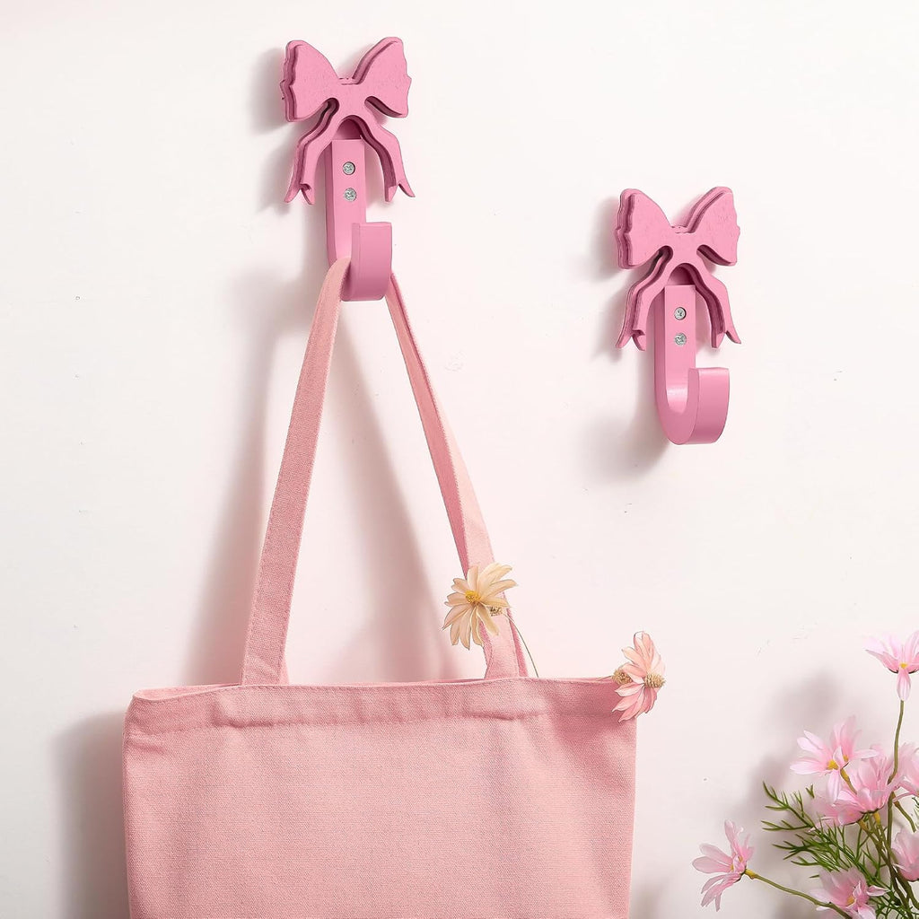 Pink Bow Hooks Wooden Bow Wall Hooks Coquette Room Decor Cute Coat Towel Hanger Wall Hanging Decor 2 Pcs