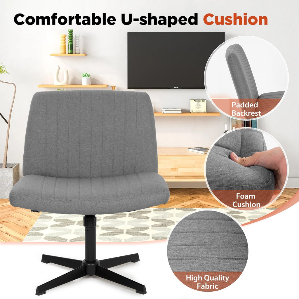 Criss Cross Chair, Armless Cross Legged Wide Comfty Desk Chair with No Wheels Modern Height Adjustable, Swivel Fabric Vanity Chair