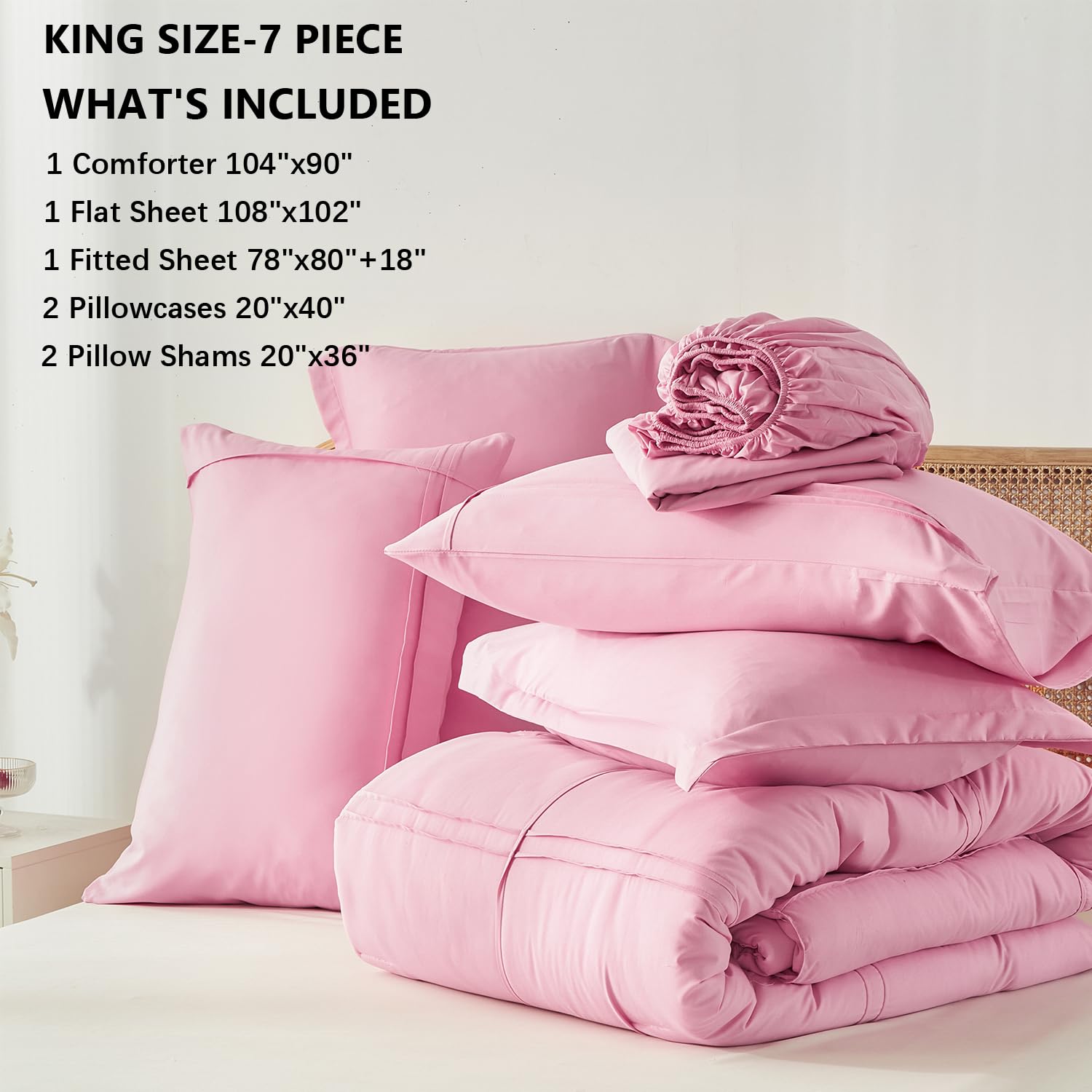 Comforter Set 7 Piece Bed in a Bag, Grid Pinch Pleat Bedding Set, Striped Textured Soft Microfiber Comforter with Sheet Set