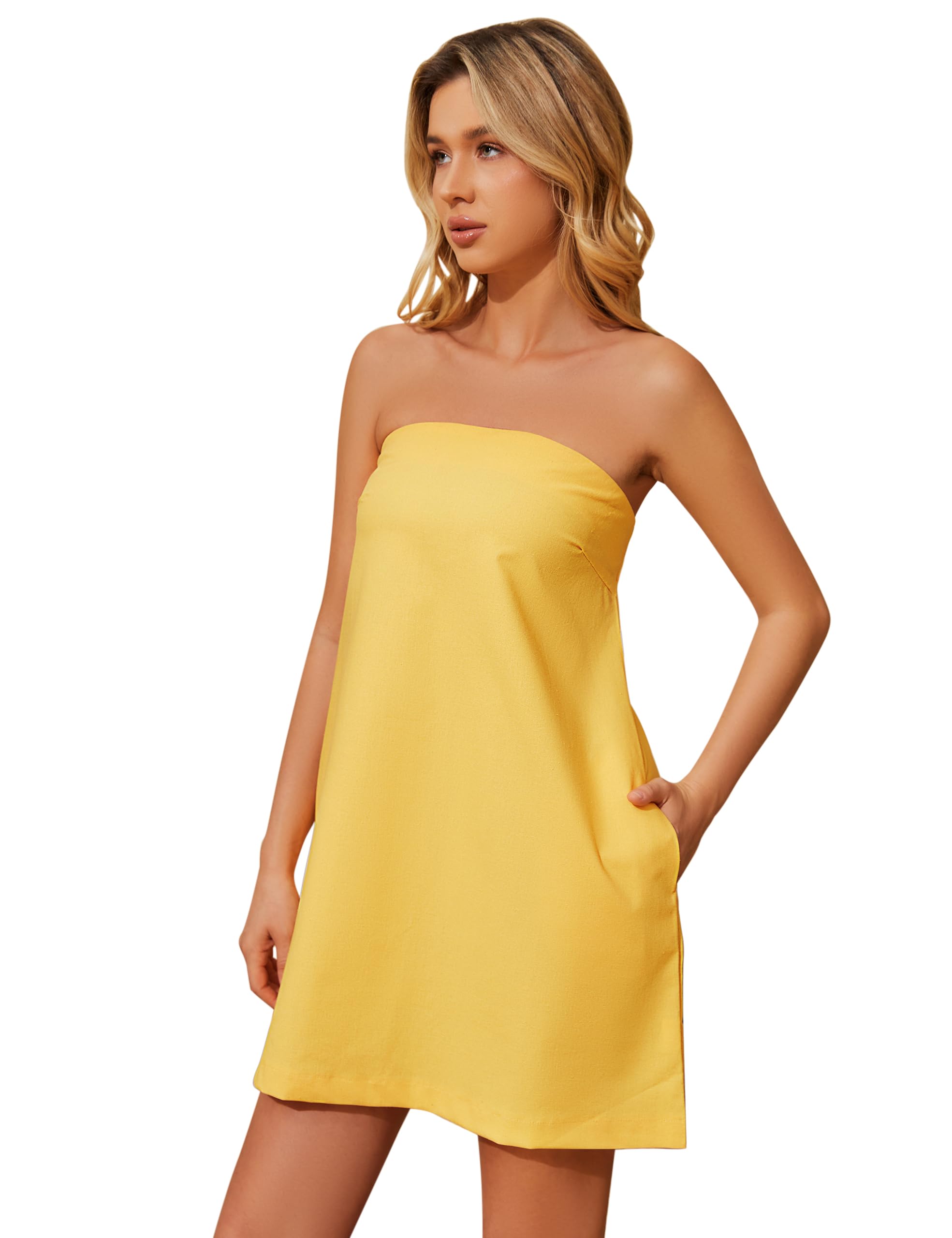 Women's Summer Tube Dress Strapless Backless Mini Tube Dress Smocked Cut Out Relaxed Mini Dresses with Pockets