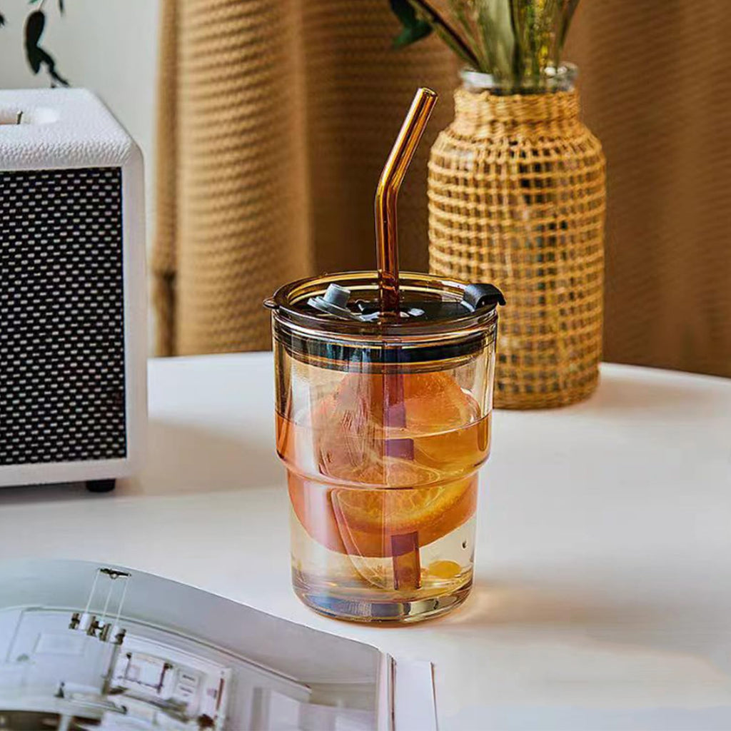 Glass Tumbler with Straw and Lid Sealed, Carry On Reusable Iced Coffee Cups,Thick Wall Glass Drinking Glassware Cups 13oz