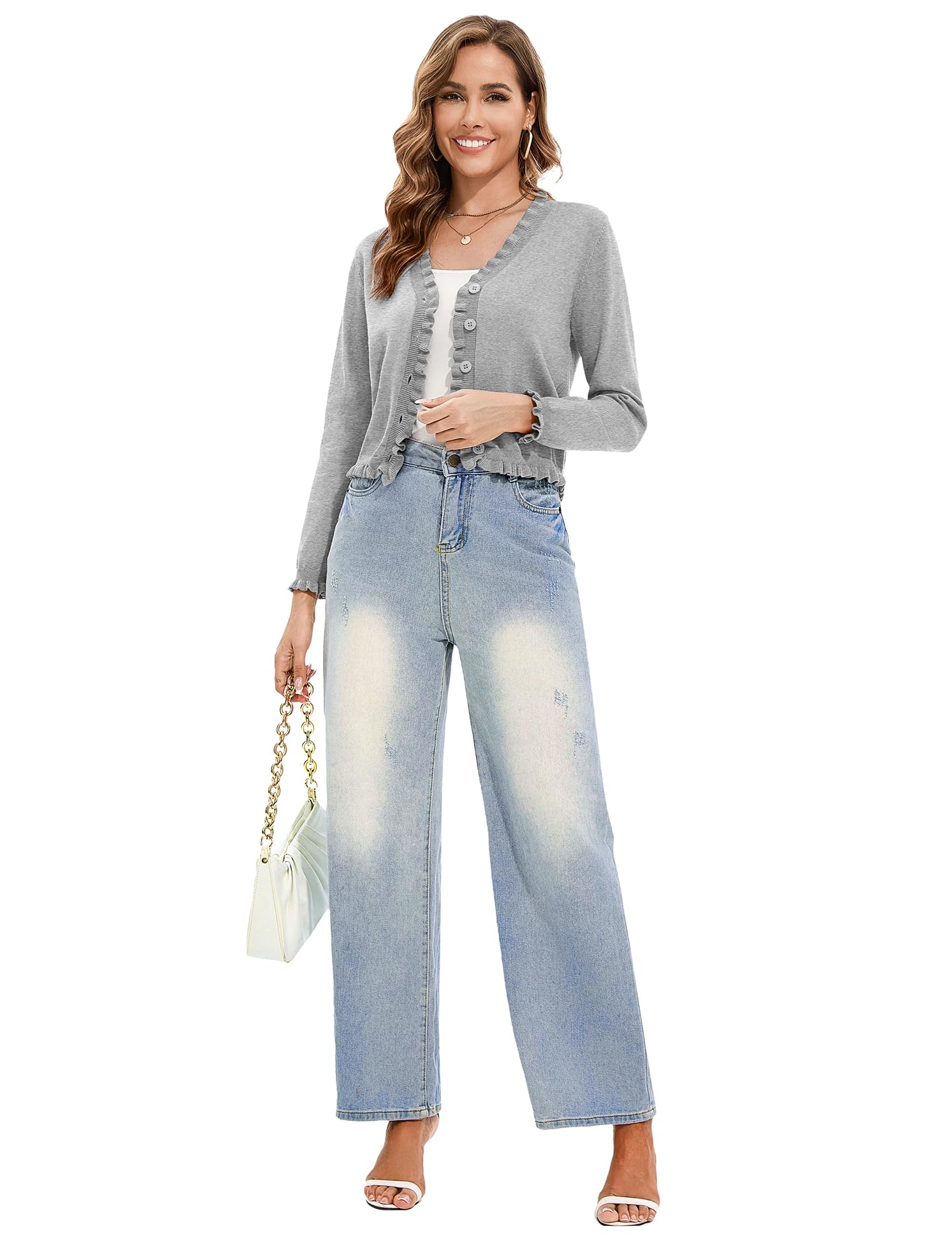 Lightweight Cardigan Sweater - Cropped Ruffle Long Sleeve Button Down Sweater