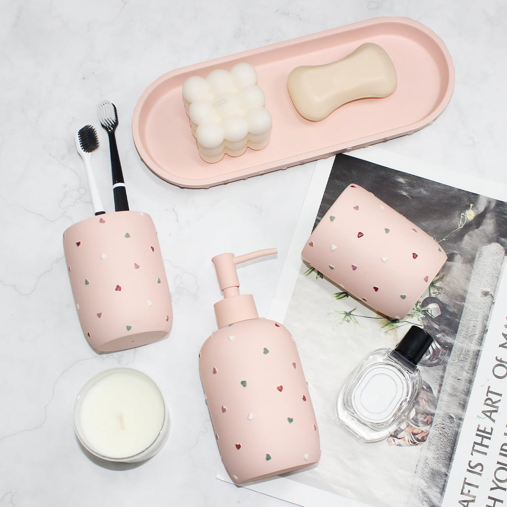 Premium Bathroom Accessories Sets 4-Piece, Pastel Heart Bathroom Accessory Complete Set - Toothbrush Holder, Lotion Soap Dispenser, Vanity Tray, Bathroom Tumbler for Countertop Vanity