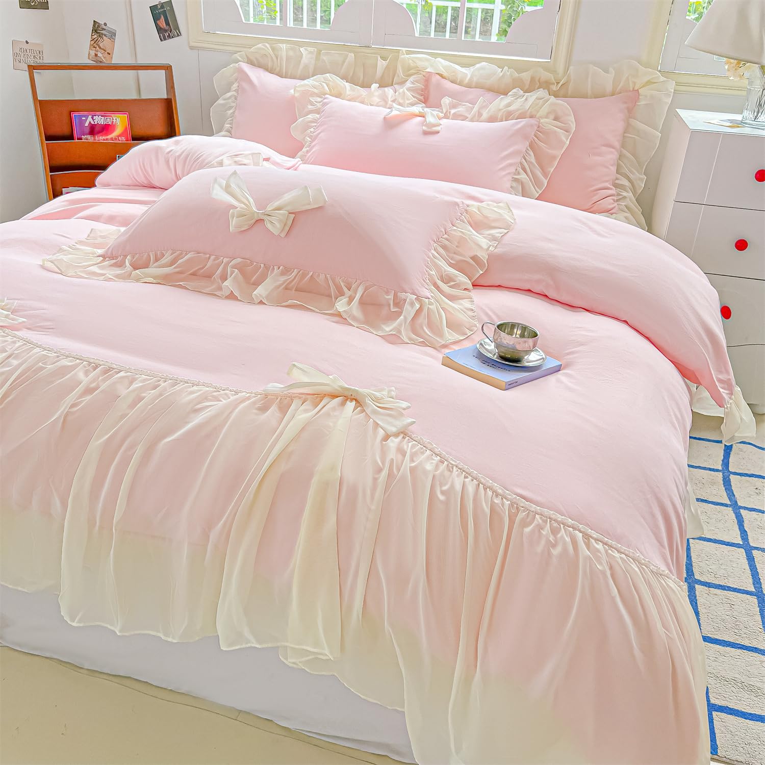 Girls Lace Bedding,Queen Comforter Cover Set, Chic Ruffled Duvet Cover with Lovely Bow,Princess Style 1 Duvet Cover with 2 Pillowcases, No Comforter-Hot Pink,Full Size