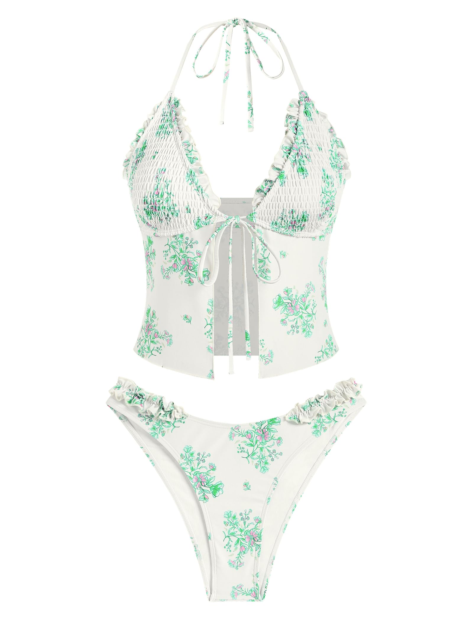 Tankini Swimsuits for Women Smocked Ruffles Tie Front Bowknot Textured High Cut Tanga Tankini Set