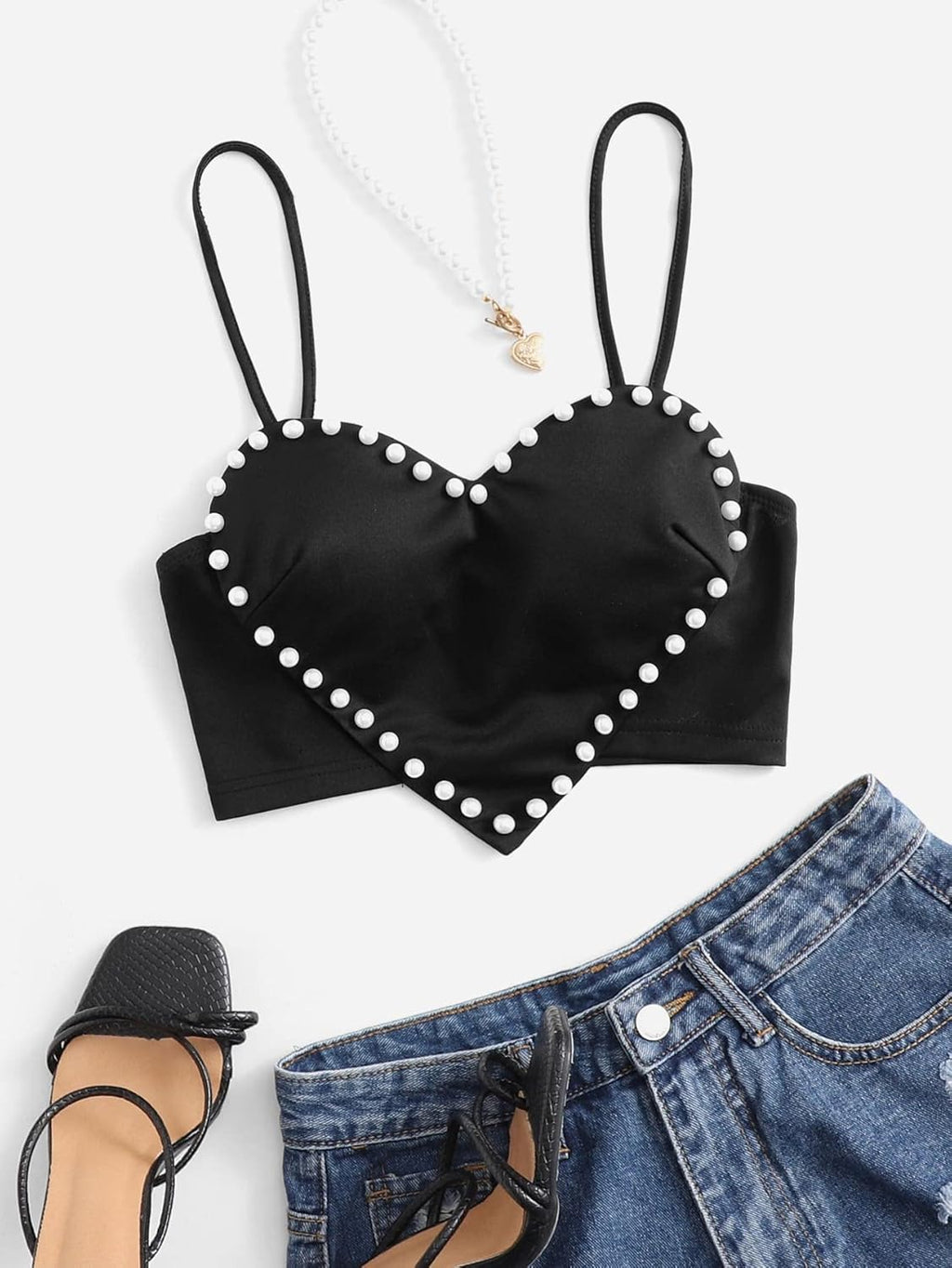 Women's Pearls Sleeveless Asymmetrical Hem Heart Crop Cami Top Sexy Camisole