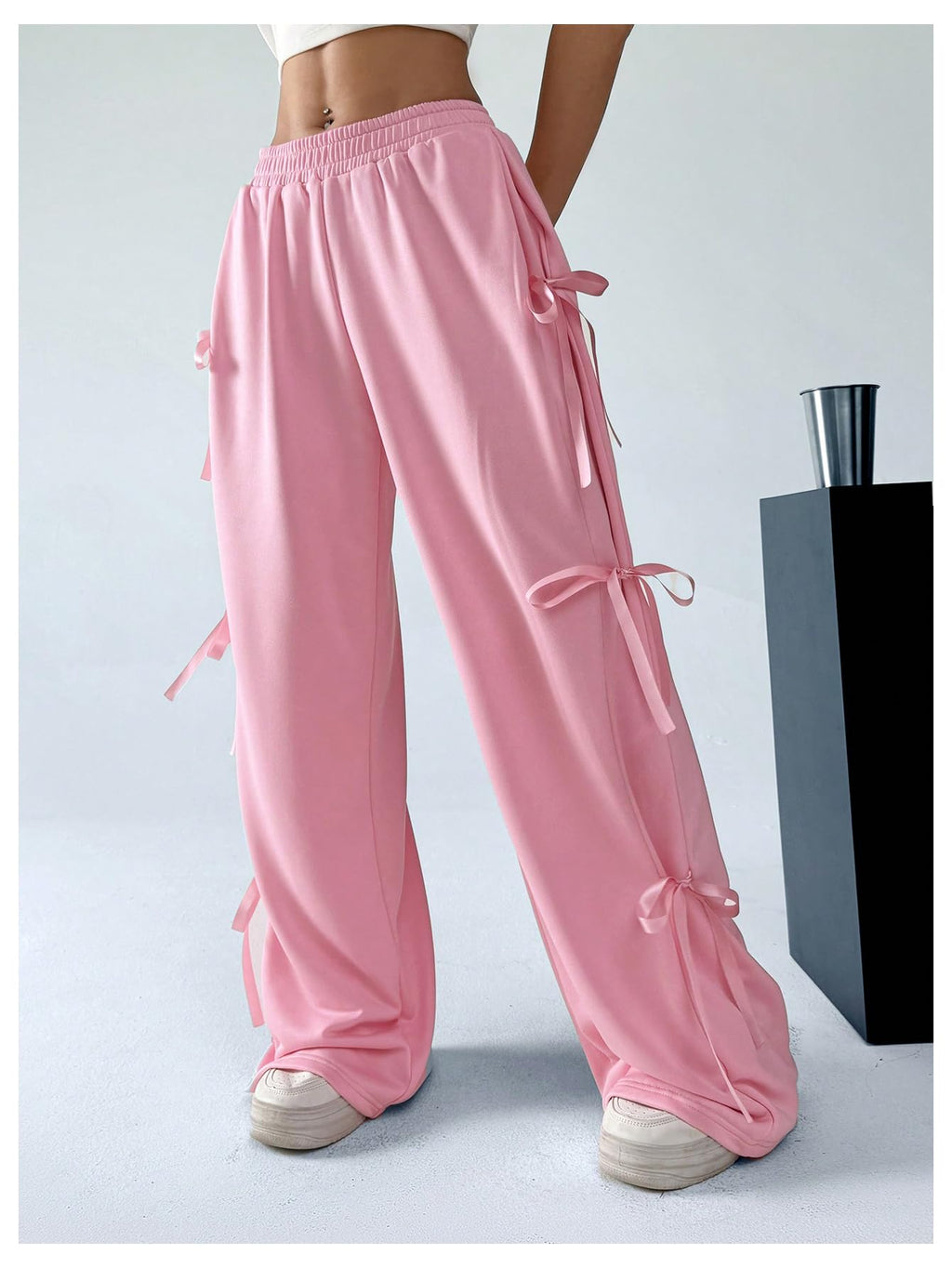 Women's Bow Wide Leg Sweatpants Elastic Waist Casual Baggy Pants with Pocket