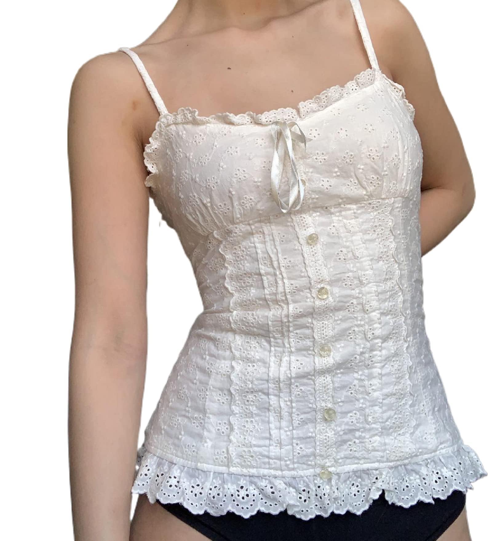 Women Elegant Lace V Neck Camis Sleeveless Spaghetti Strap Slim Camisoles Vintage Backless Tank Top