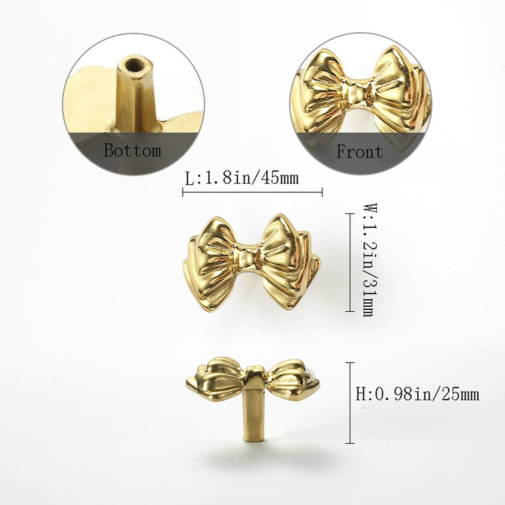Gold Brass Small Bow Knobs Cute Dresser Drawer Handles Kitchen Cabinet Pulls Art Deco Single Hole Decorative Knobs Modern Furniture Hardware for Closet Cupboard