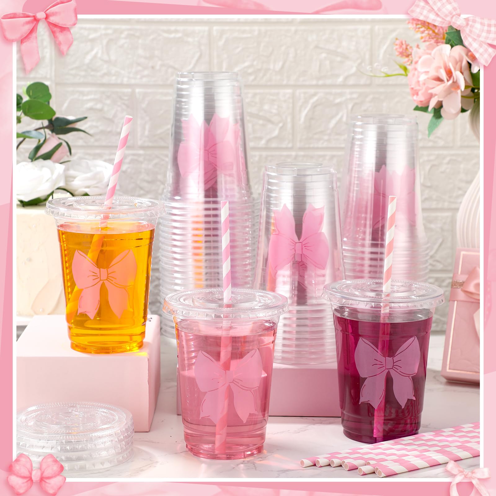 Coquette Bow Disposable Plastic Cups with Straw