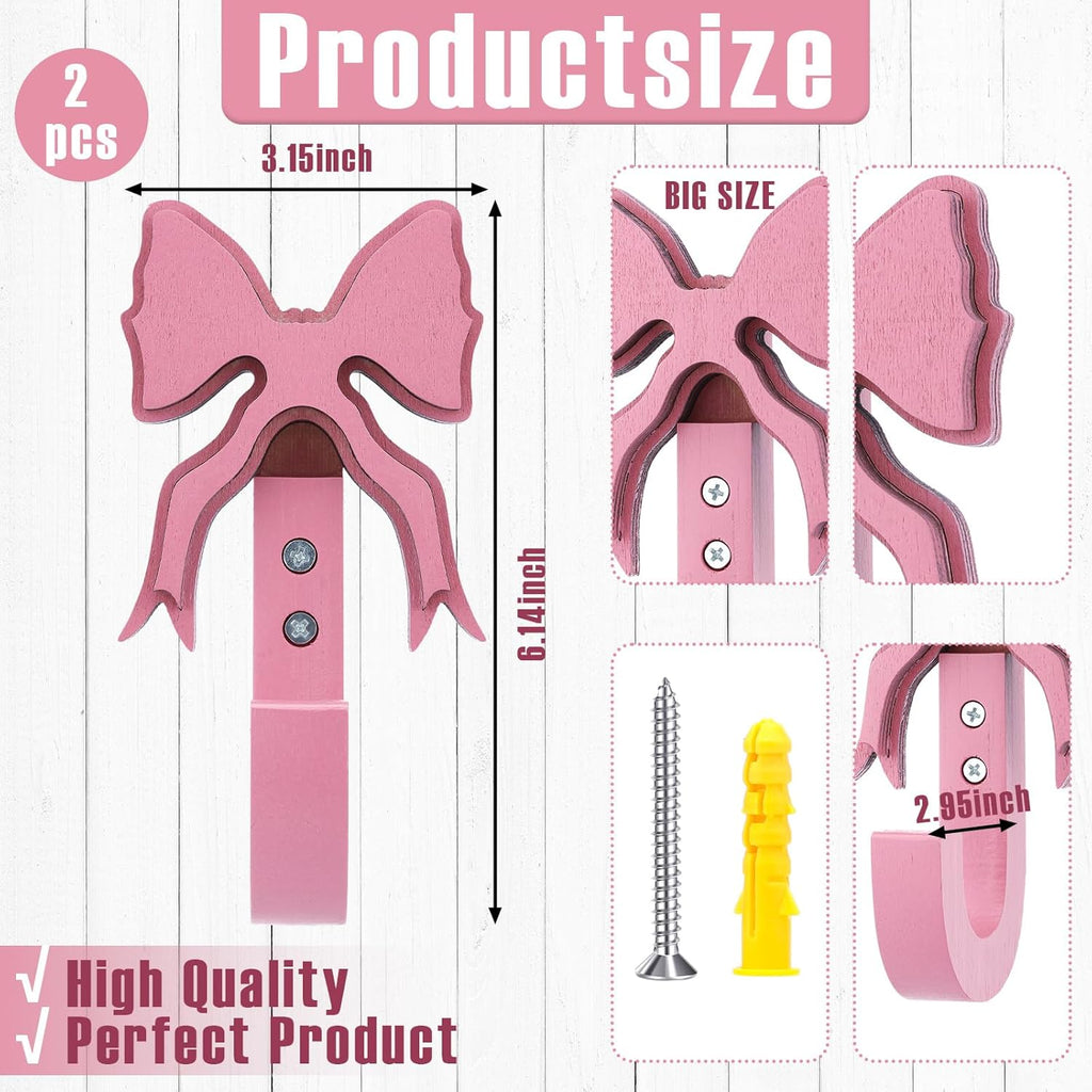 Pink Bow Hooks Wooden Bow Wall Hooks Coquette Room Decor Cute Coat Towel Hanger Wall Hanging Decor 2 Pcs