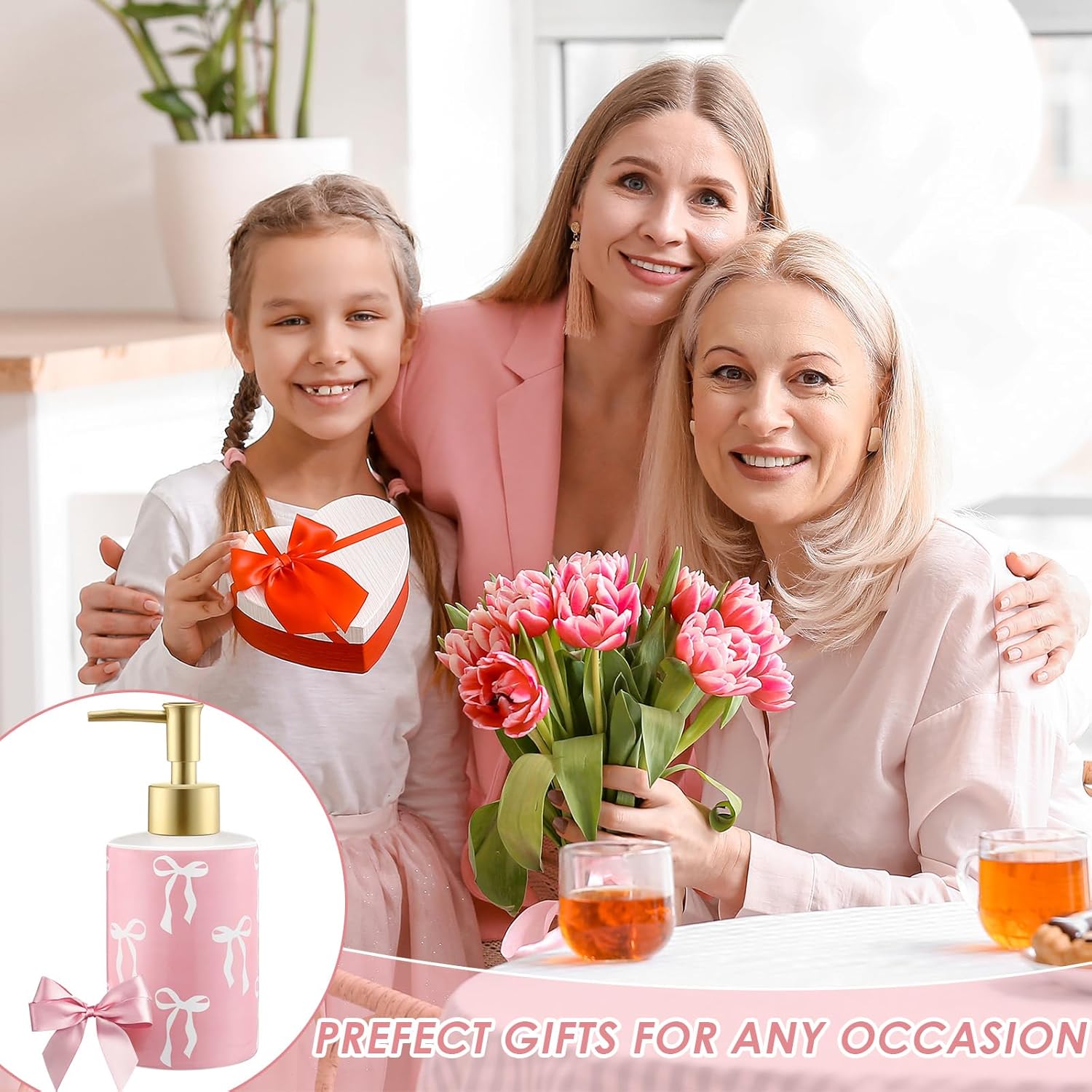 Pink Bow Soap Dispenser Cute Coquette Hand Soap Dispenser with Pump Rust Proof Refillable Ceramic Lotion Bottle Preppy Accessories for Bathroom Kitchen Decor