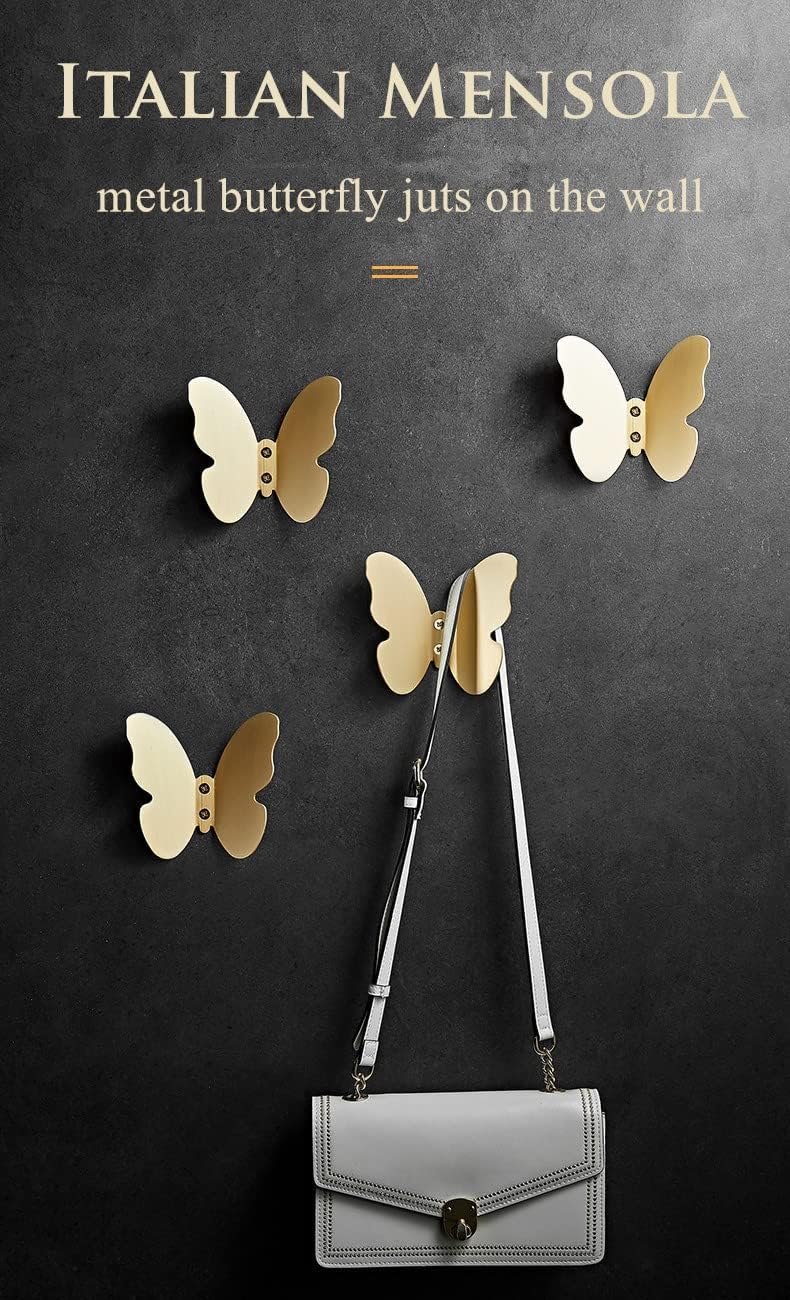 Wall Hooks Decorative, Small Modern Gold Brass Hook, Butterfly Bath Towel Hook, Coat Hat Robe Hooks for Girl's Bedroom, Stainless Steel, Wall Mounted, 2 pcs