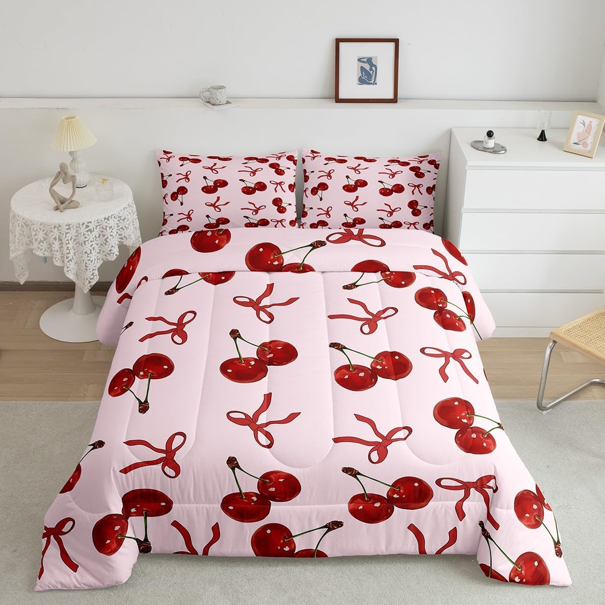 Floral Bowknot Comforter Set,Pink Bow Tie Print Bedding Set Cute Bow Flower Comforter Princess Style Bed Set for All Season