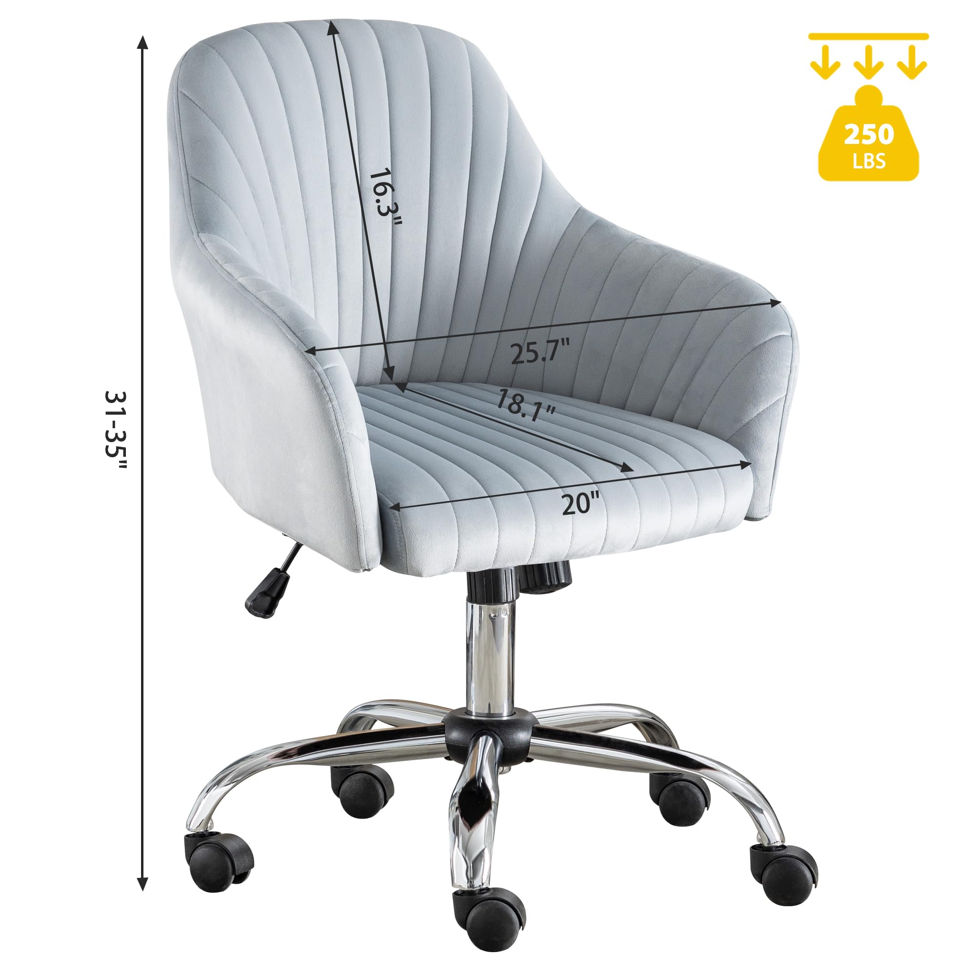 Modern Vanity Velvet Adjustable Low Back Rolling Chair, Twill Upholstered Cute Chair with Wheels