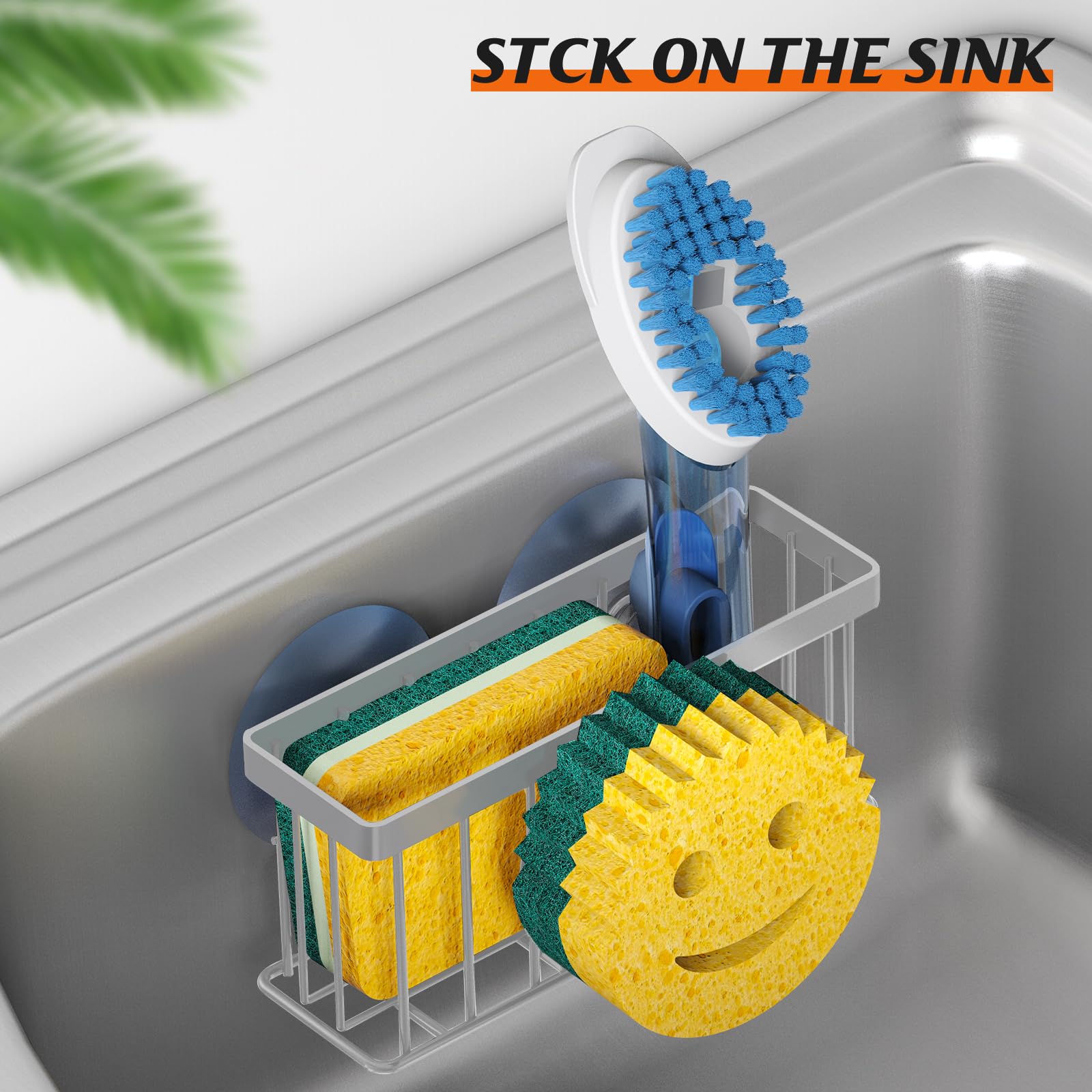 Sponge Holder Smiley Face, Sink Caddy for Kitchen Organizer Sponge Holder with 2 PCS Suction Cups/1 PCS Adhesive Strips