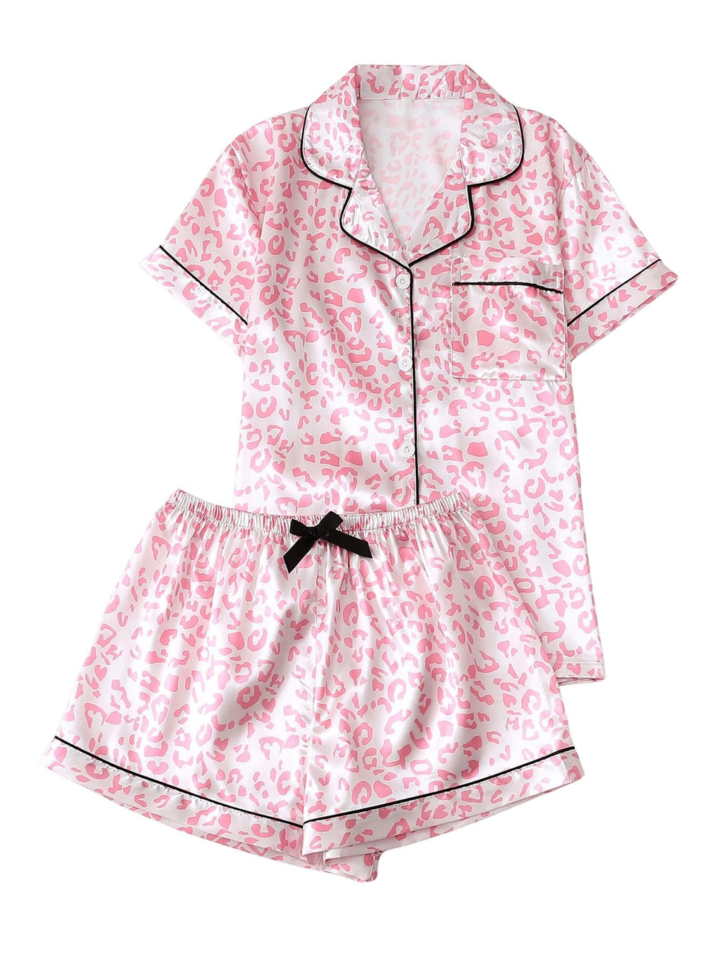 Women's Silk Satin Pajama Set Print Sleepwear Short Sleeve Button Down Pjs Shorts Cheetah Loungewear