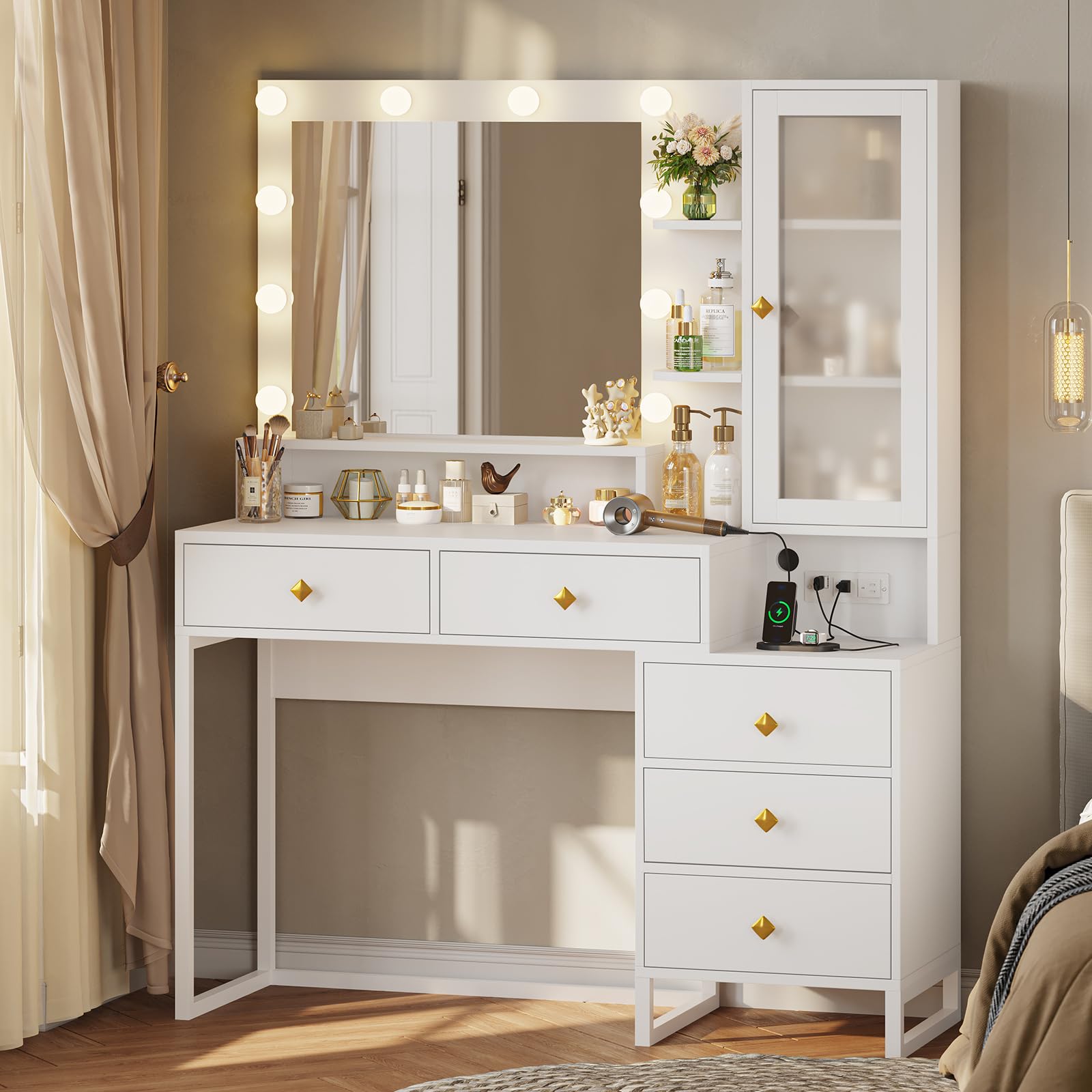 Vanity Desk with Mirror and Lights & Charging Station, White Vanity Table with 5 Storage Drawer & Glass Door & 3 Shelves