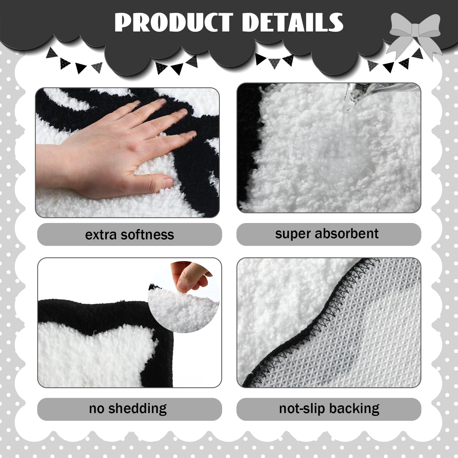 Scalloped Bow Bathroom Mat Non Slip Coquette Bow Rug Cute Aesthetic Scallop Carpet Preppy Room Decor Microfiber Absorbent Bath Rug for Bathroom Bathtub Shower Bedroom(Black,16" X 24")