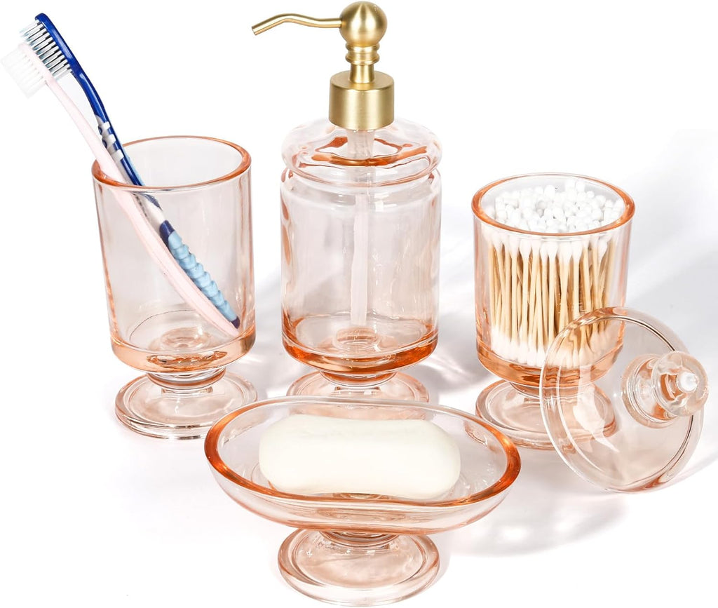 Pink Bathroom Accessories Set Glass Bow Decor 4Pcs, Lotion Soap Dispenser & Soap Dish & Toothbrush Holder & Cotton Swab Jar