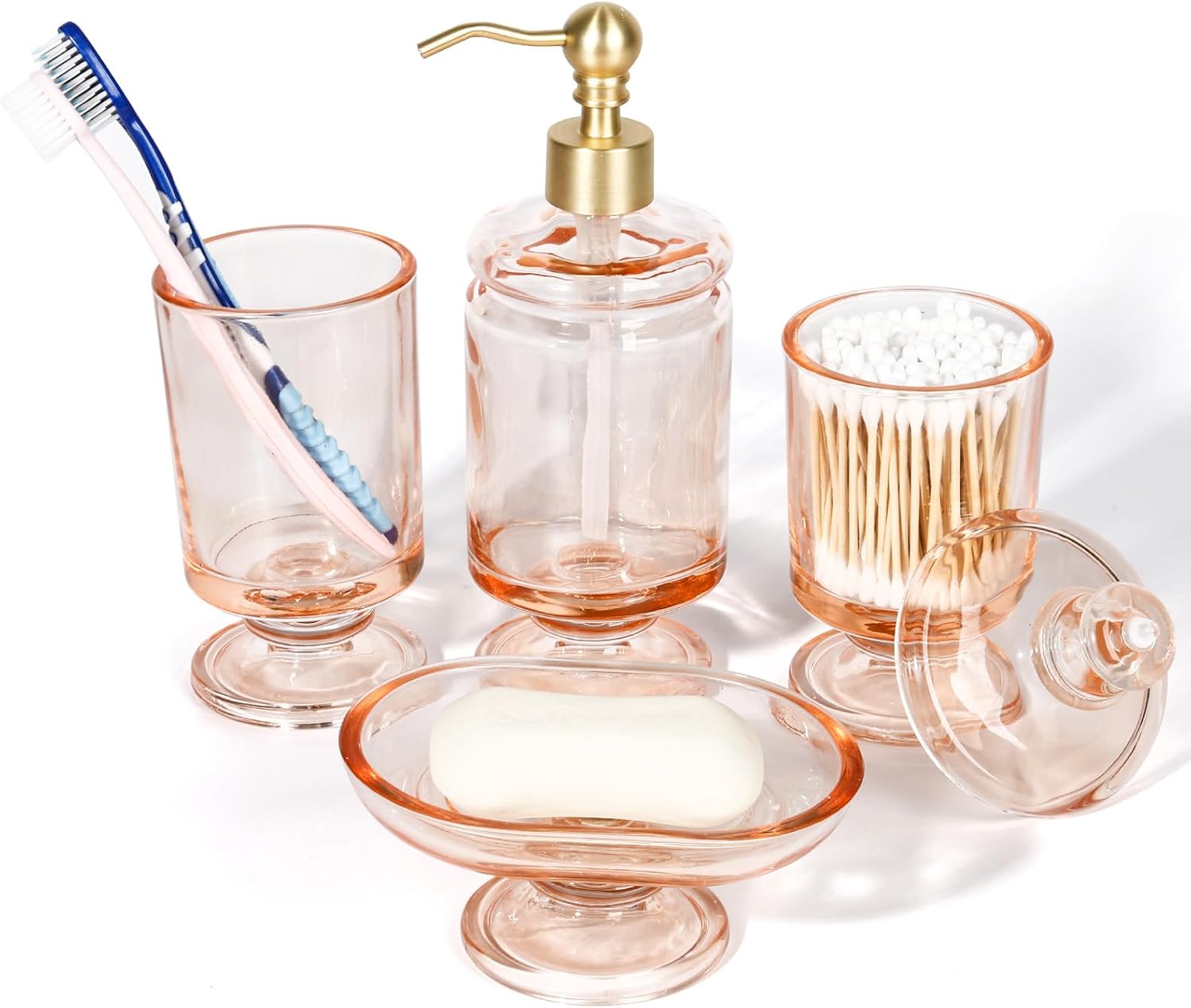 Pink Bathroom Accessories Set Glass Bow Decor 4Pcs, Lotion Soap Dispenser & Soap Dish & Toothbrush Holder & Cotton Swab Jar