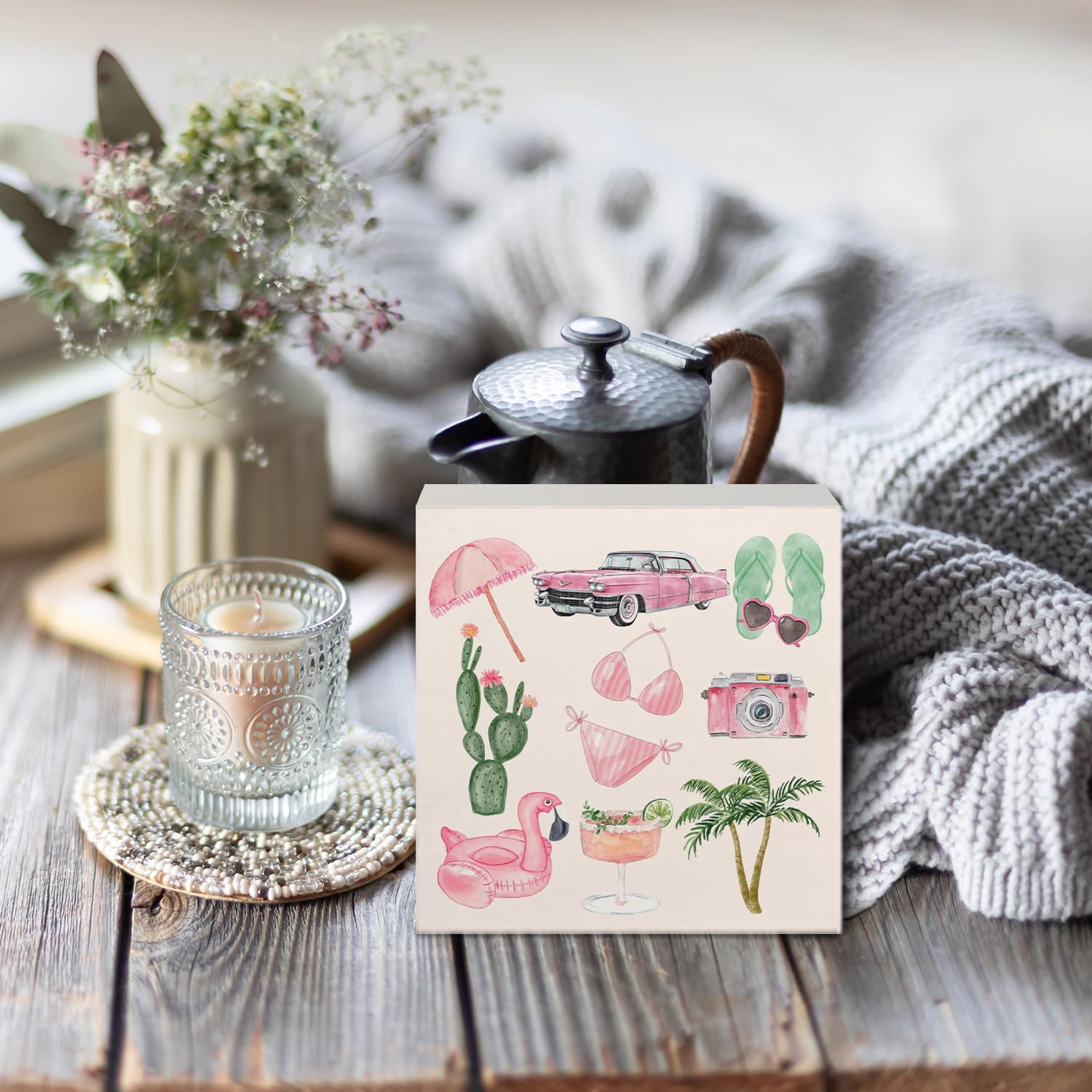 Coquette Pink Bow Champagne Wooden Box Sign, 5x5 Inch