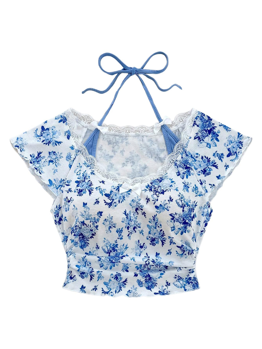 Women's Contrast Lace Halter Neck Lettuce Trim Casual Crop Tee Tops