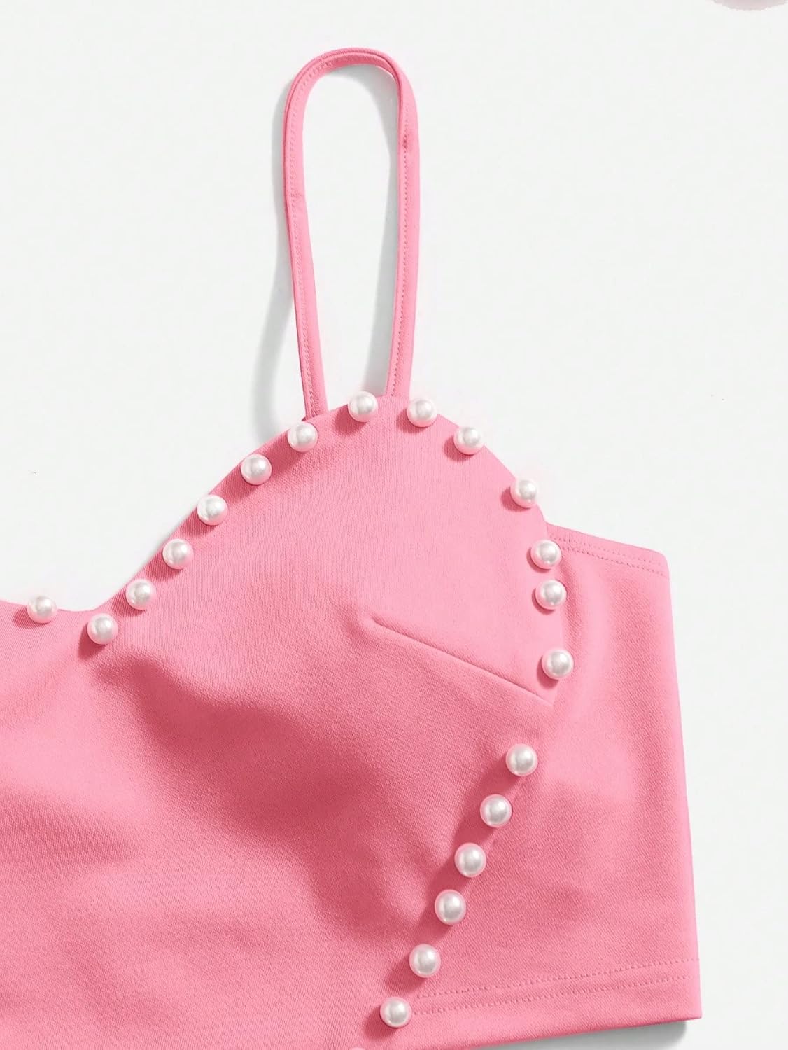 Women's Pearls Sleeveless Asymmetrical Hem Heart Crop Cami Top Sexy Camisole