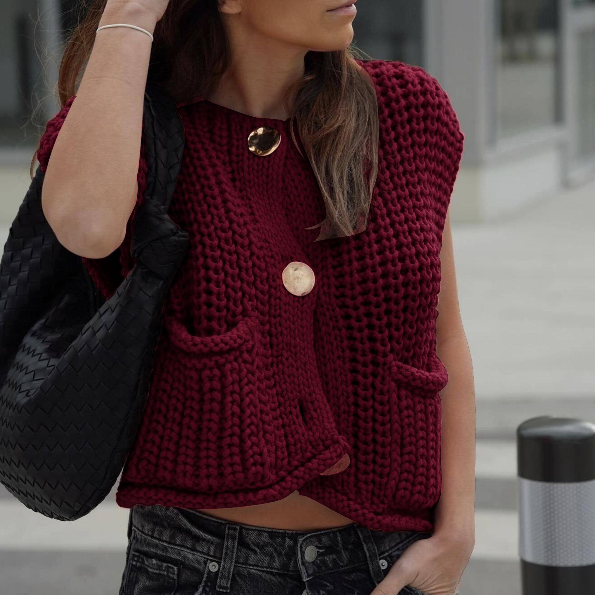 Women's Cropped Sweater Vest Cute Crewneck Button Down Sleeveless Crop Knit Cardigan with Pocket