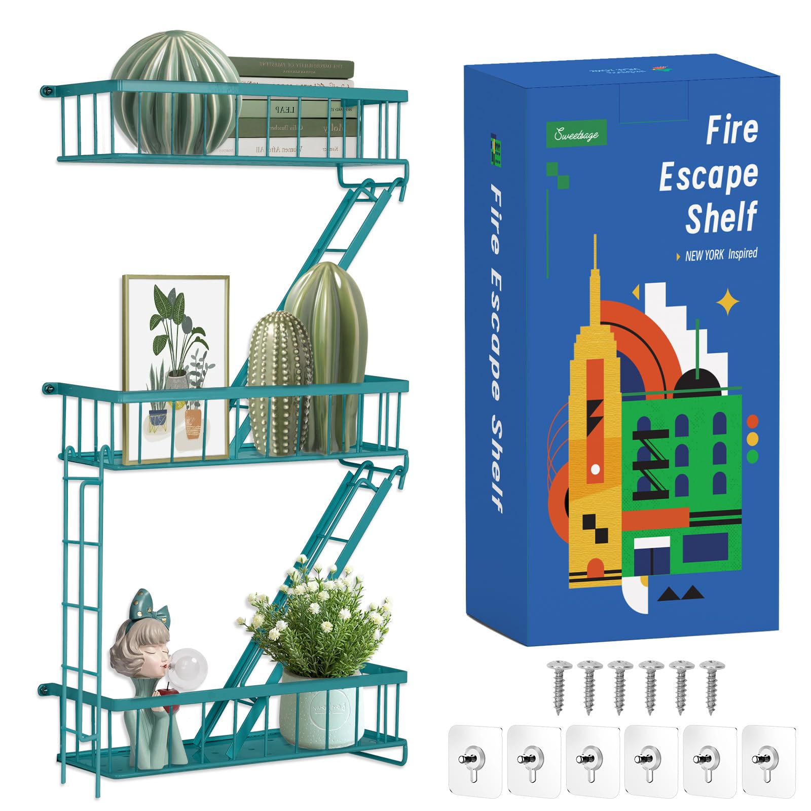 Fire Escape Shelf - Wall Decor Floating Shelves, Cute Metal Ladder Shelving for Bedroom, Home Decor Display (3-Tier)