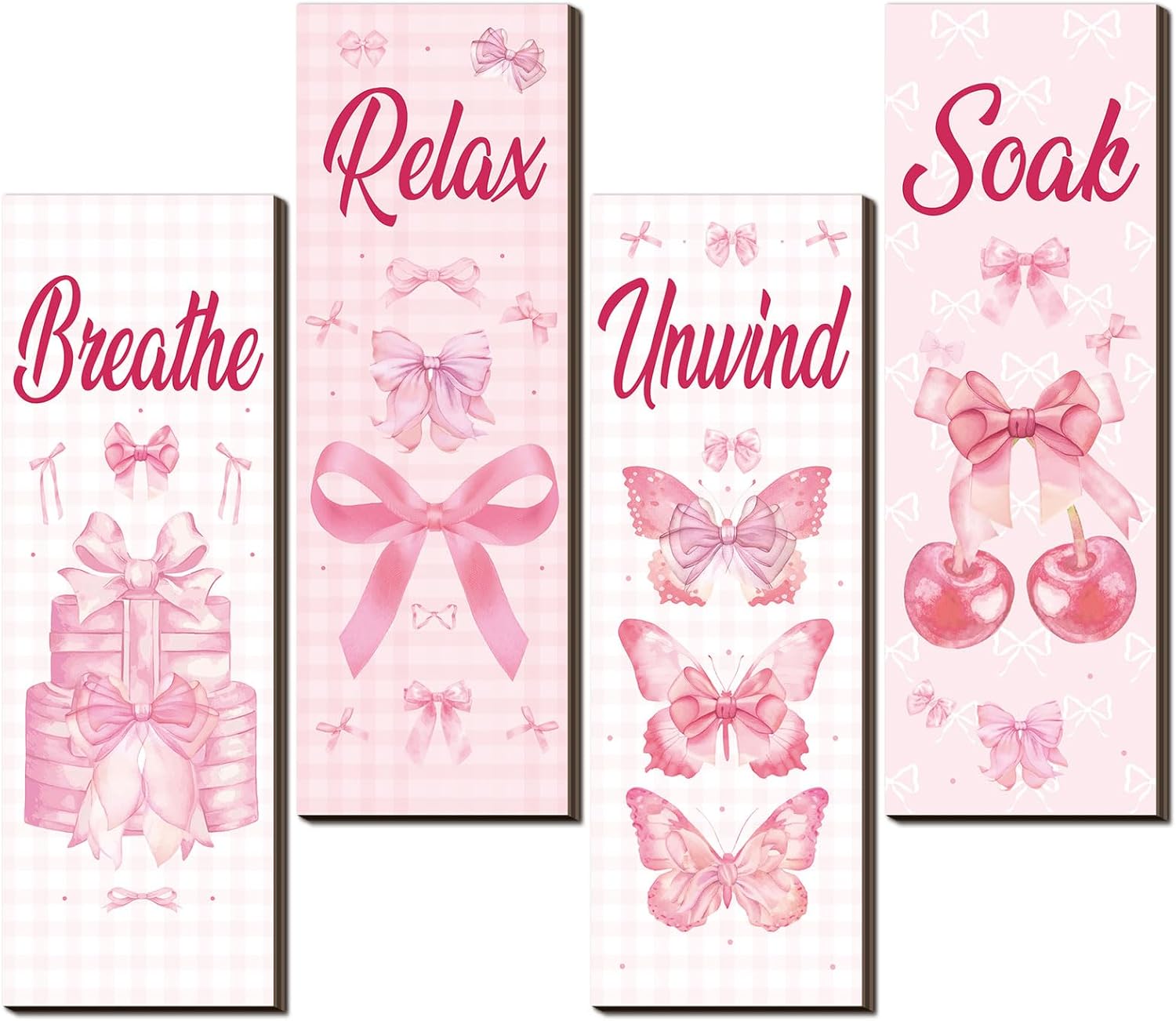 Coquette Pink Bow Bathroom Wall Decor Pink Pictures Wall Art 4 Pcs 11.8 x 3.9 Inch