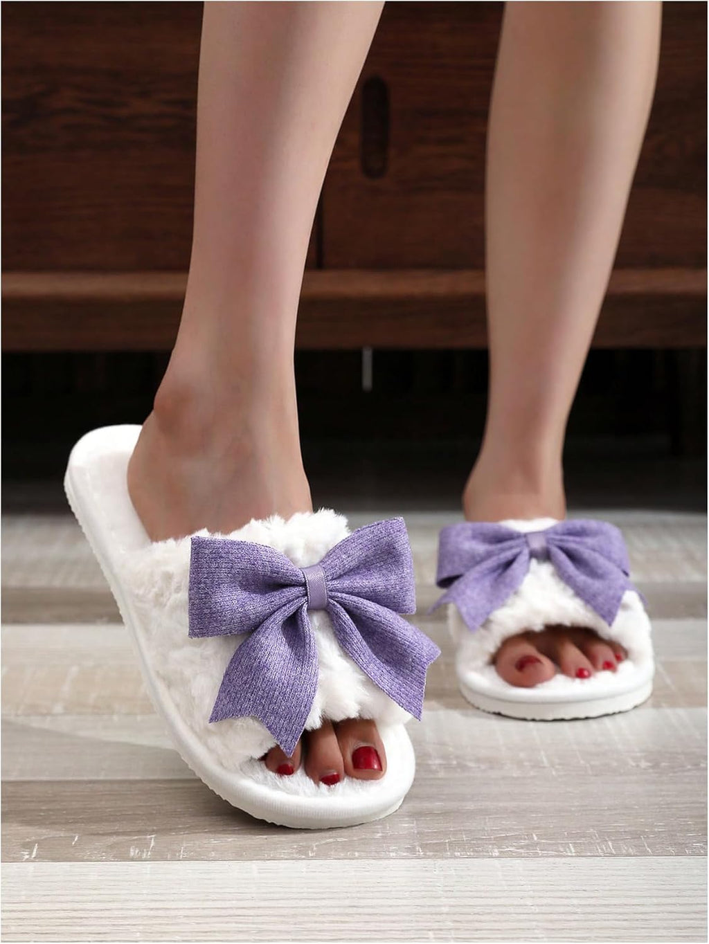 Women's Cute Bow Decor Fuzzy Open Toe Indoor Home Slippers Fashionable Warm Comfy Furry Outdoor Slippers