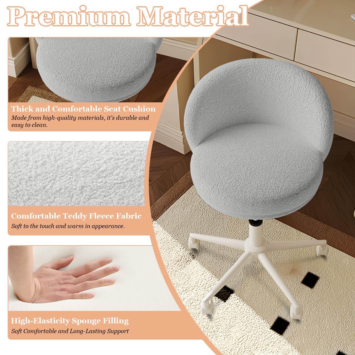 Modern Vanity Chair with Back, 360° Swivel Makeup Desk Chair Small Office Chair with Wheels, Height Adjustable Armless Computer Task Chair